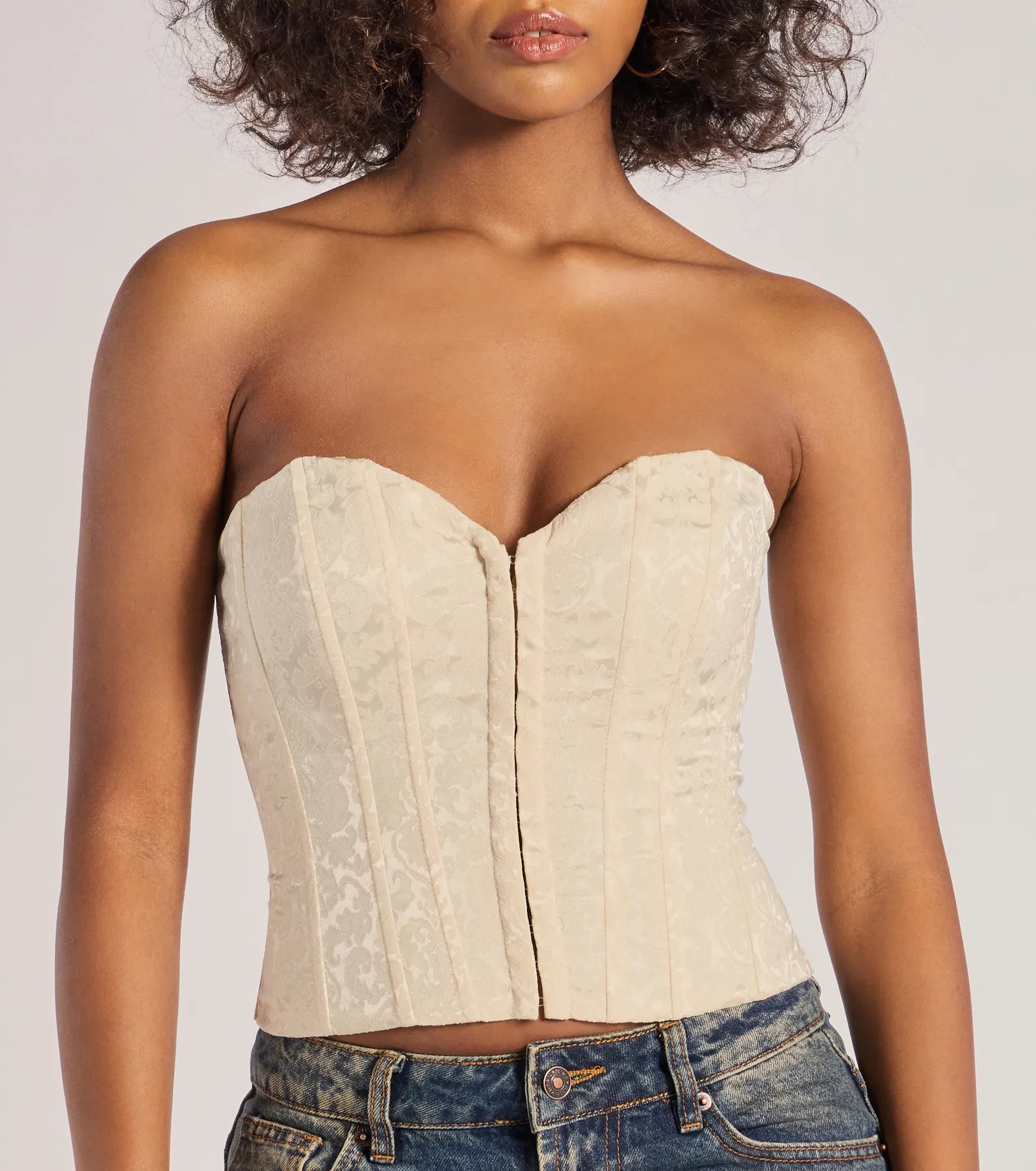 Chic Status Brocade Satin Strapless Corset Top