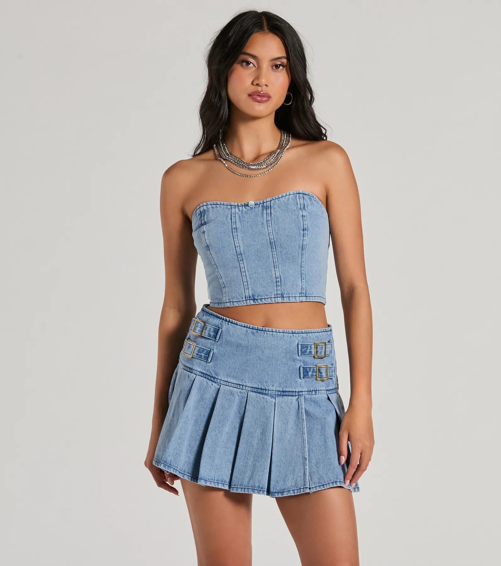 Flirty Duo High-Rise Buckle Pleated Denim Mini Skirt