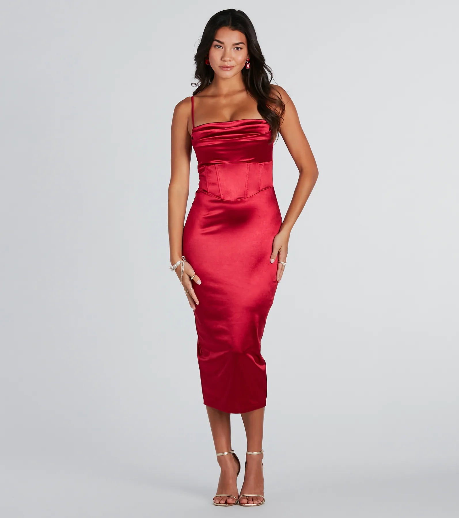 Chrysta Formal Satin Corset Midi Dress