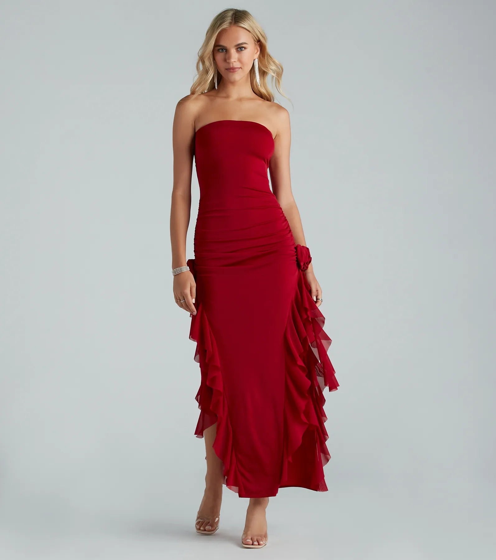 Kenna Rosette Applique Ruffled Formal Dress