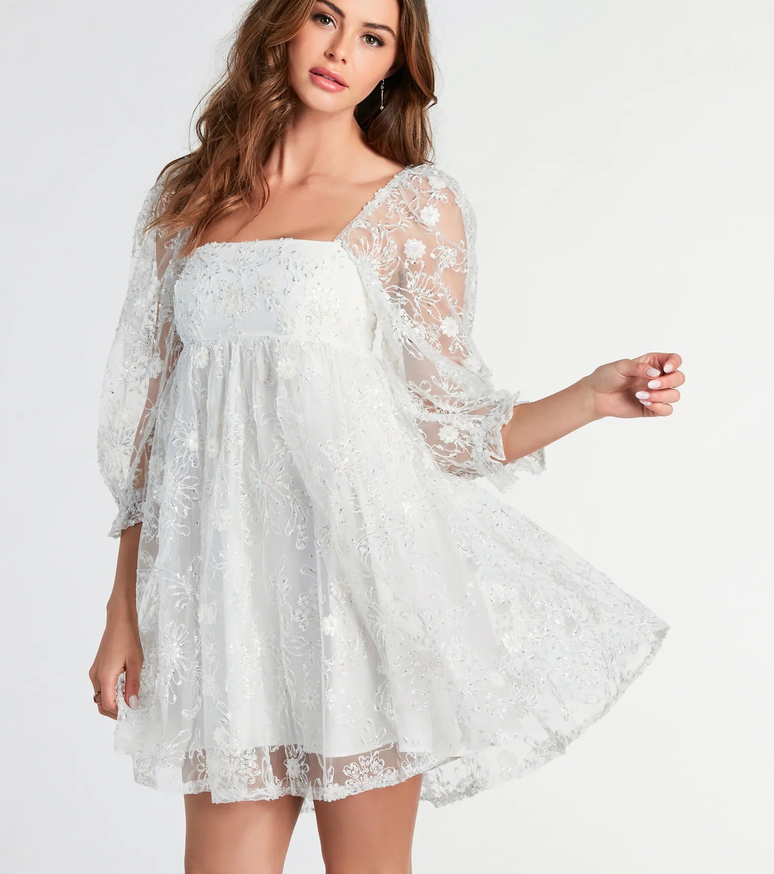 Beautiful Bliss Floral Sequin Mesh Babydoll Dress