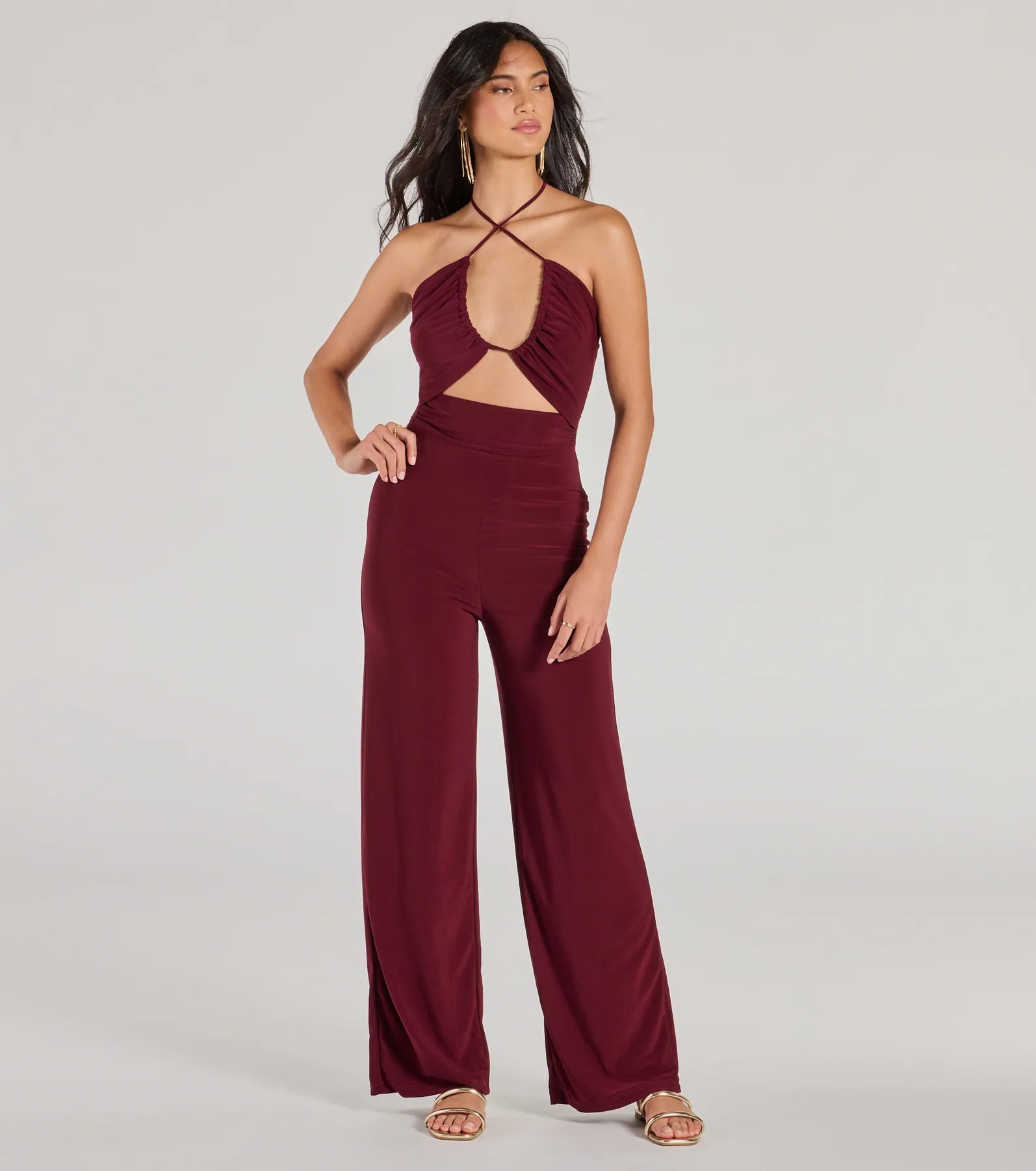 Enticing Sass Halter Cutout Wide-Leg Jumpsuit