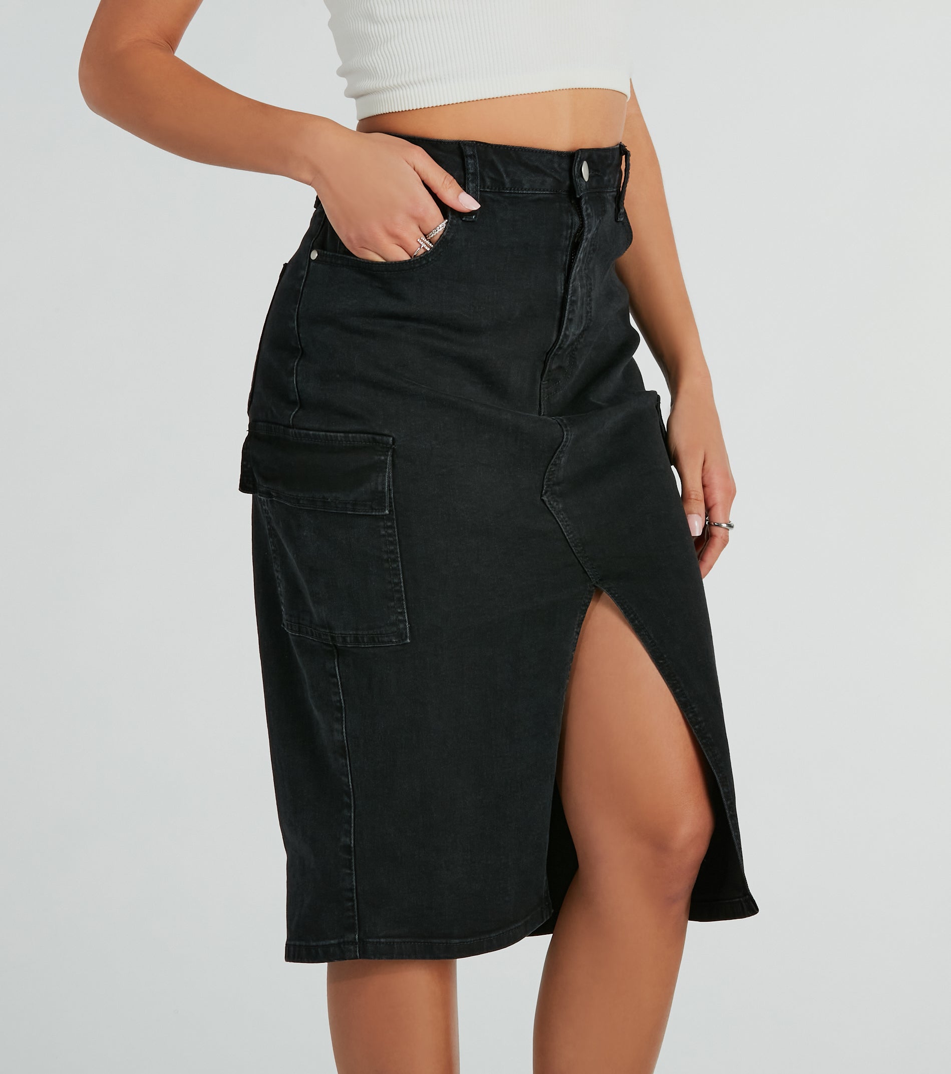 Modern Edge High Rise Cargo Denim Midi Skirt