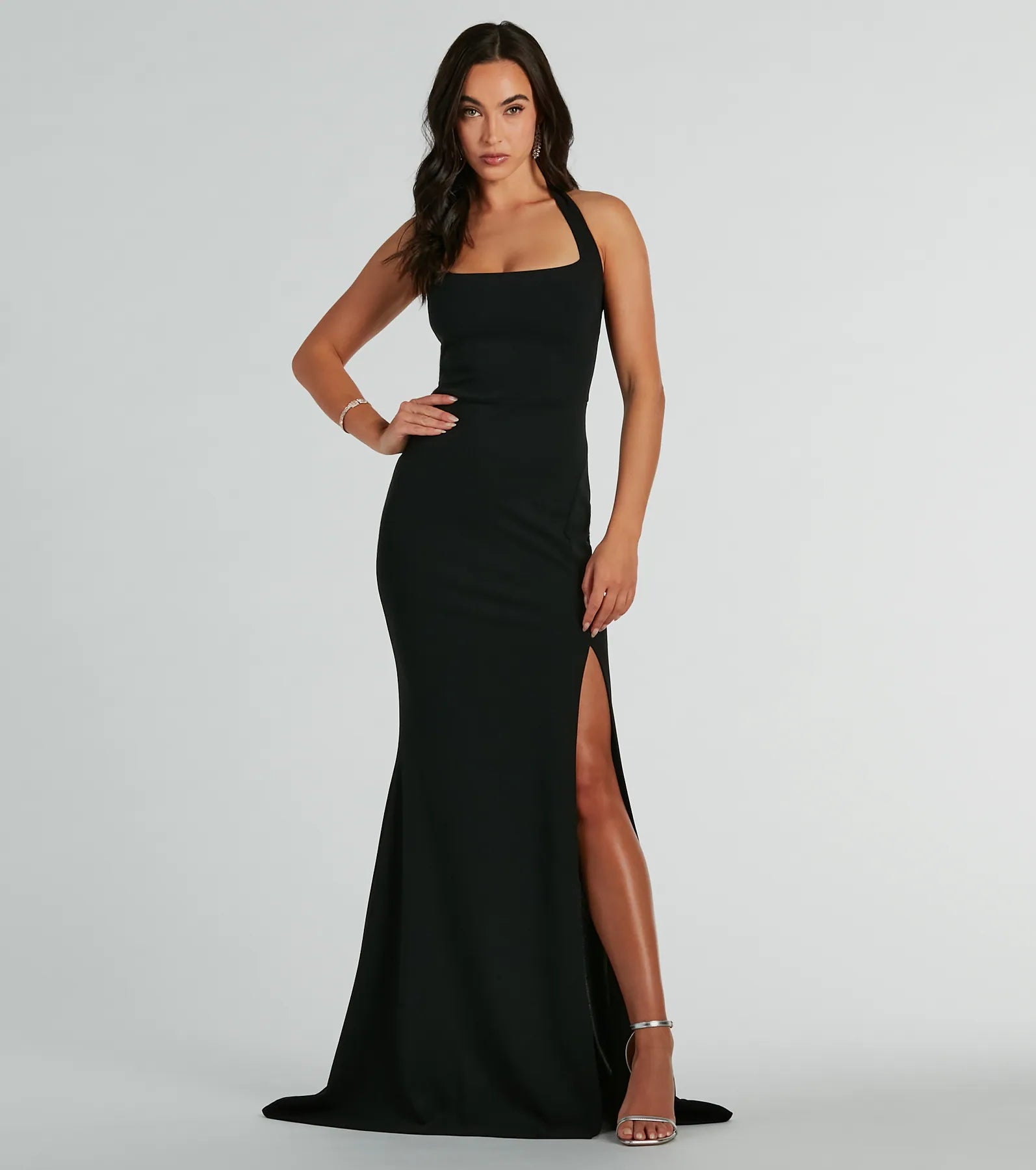 Lydia Halter Slit Mermaid Crepe Formal Dress