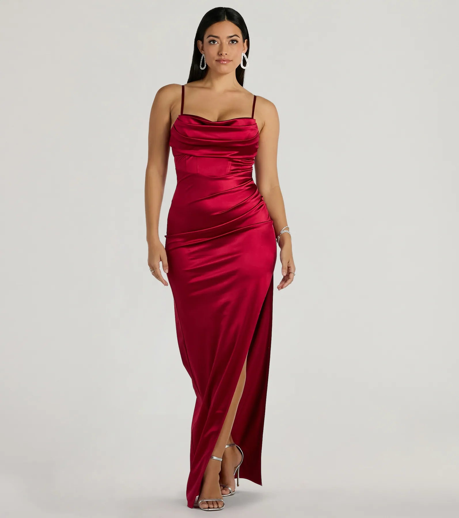 Iliana Cowl Neck High Slit Satin Formal Dress