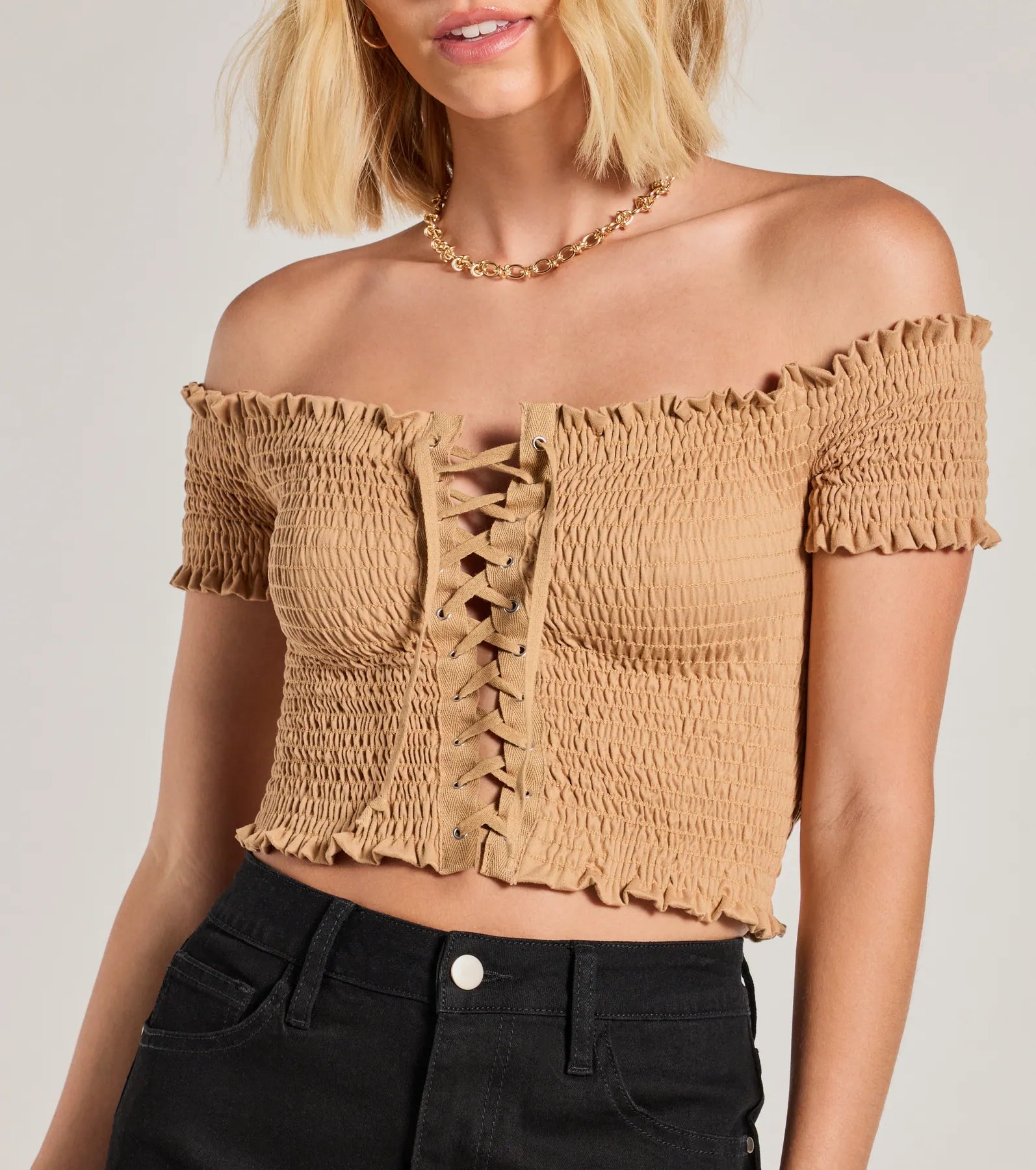 Sweet As You Off-The-Shoulder Lace-Up Crop Top