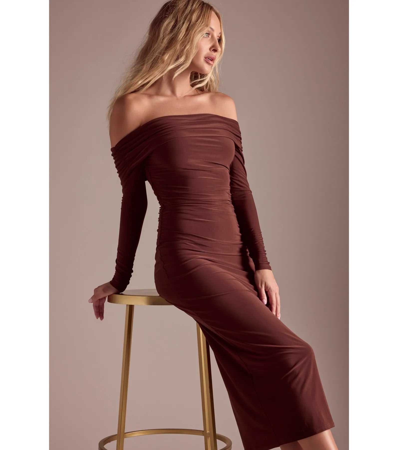 Casual Affair Long Sleeve Ruched Midi Dress