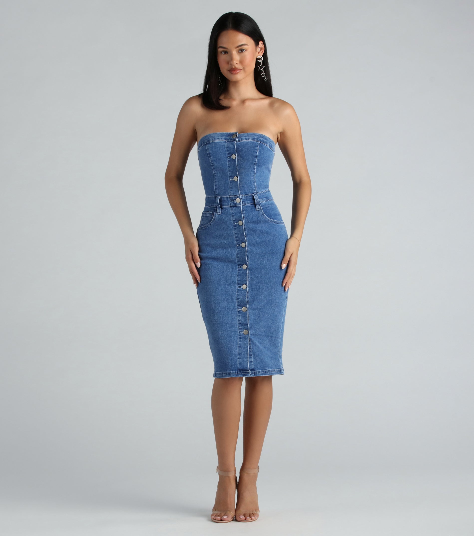 On The Down Low Denim Strapless Midi Dress