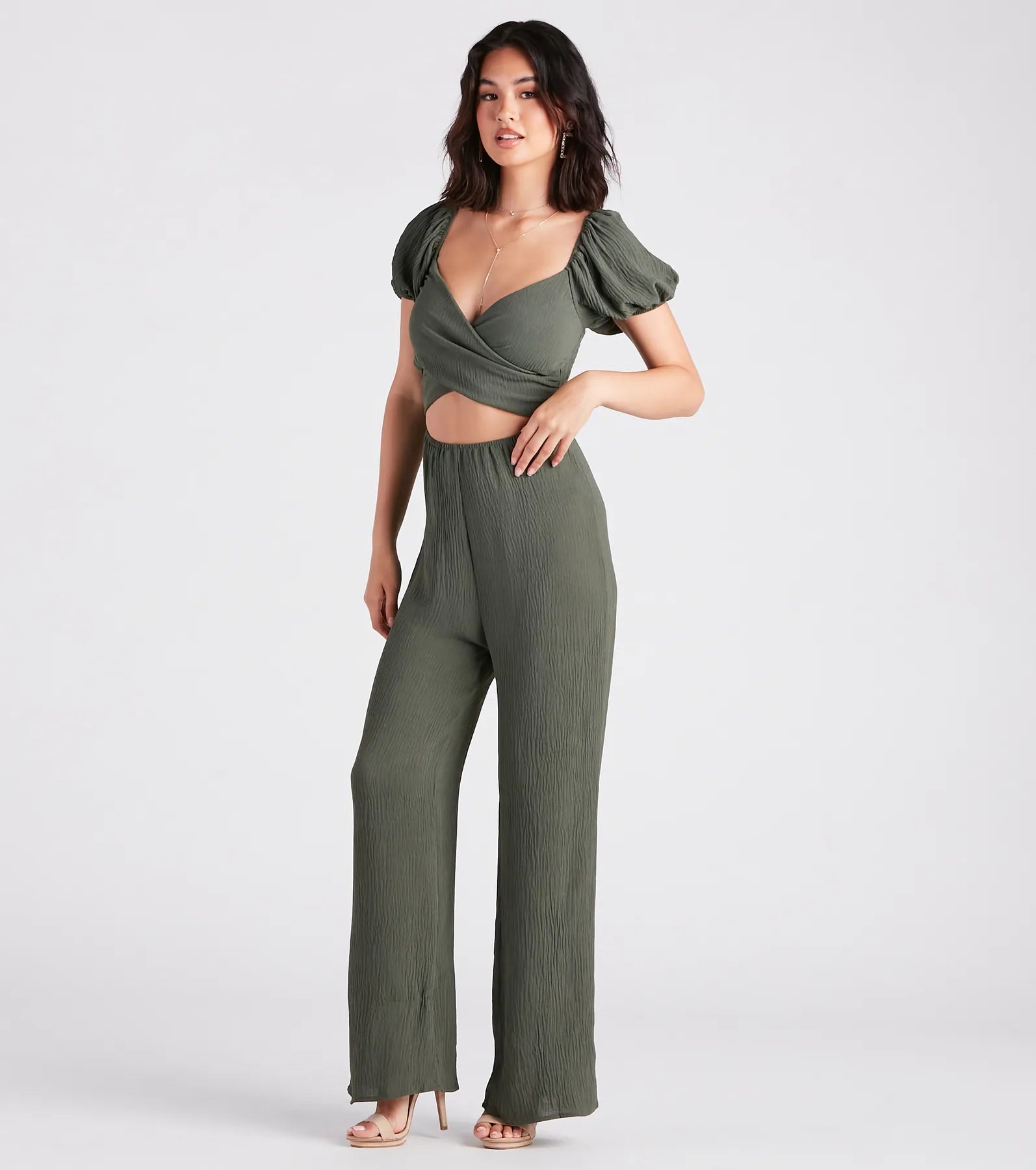 Flirt On Check Linen Puff Sleeve Jumpsuit