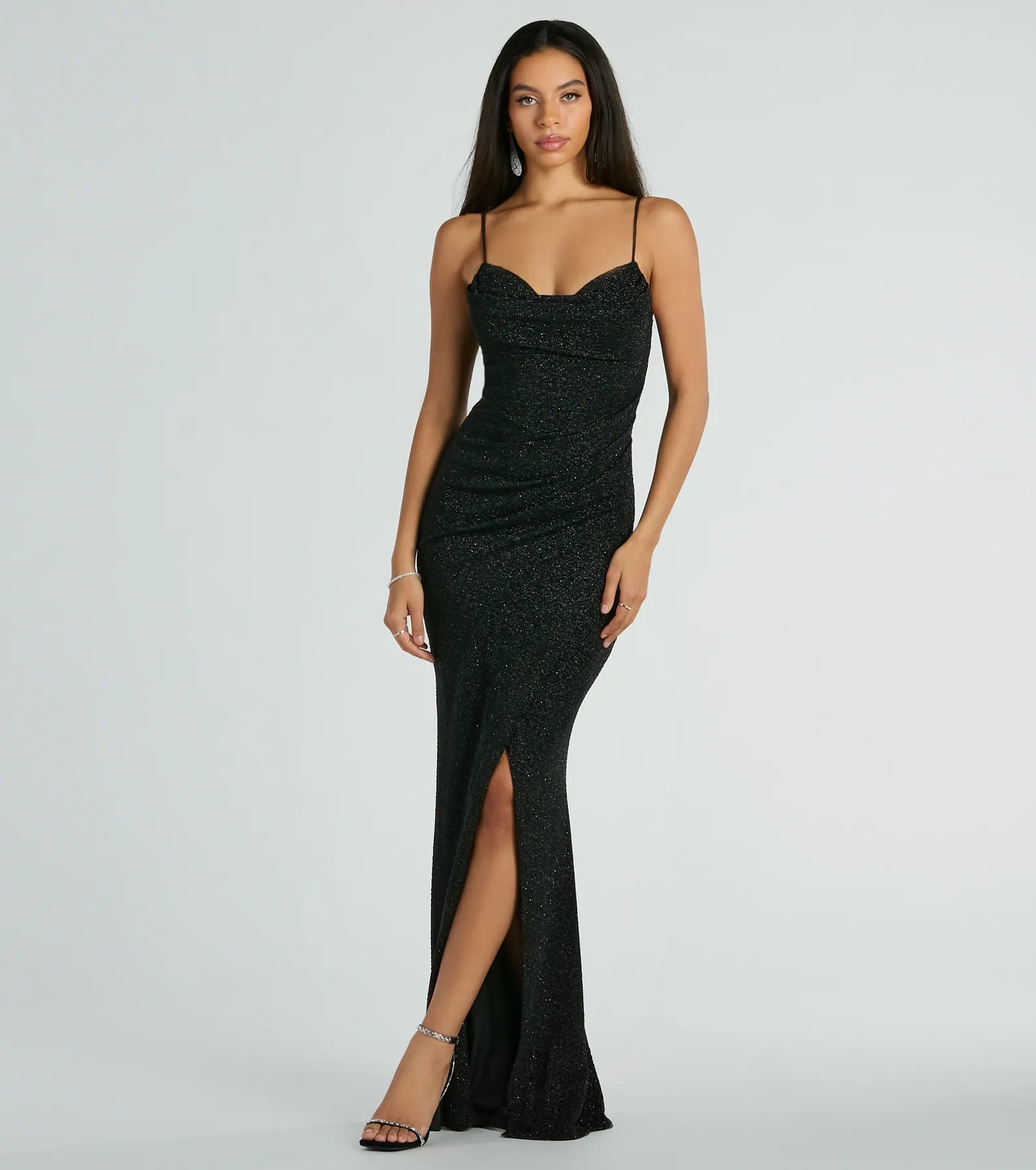 Mila Cowl Neck Wrap Slit Mermaid Glitter Formal Dress