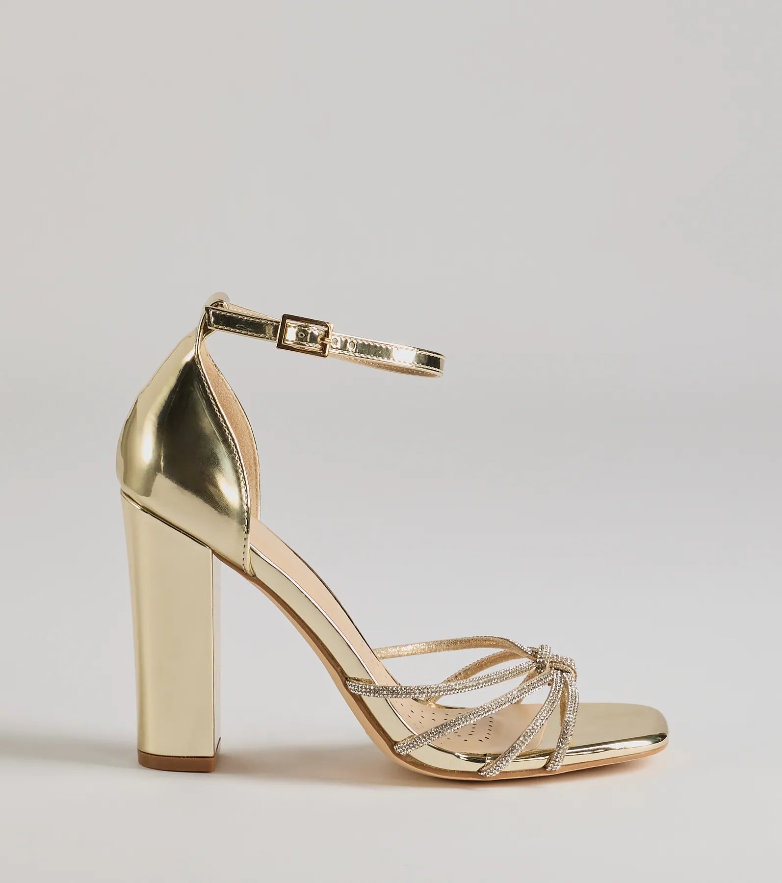 Sparkle Scene Rhinestone Strappy Faux Leather Block Heels