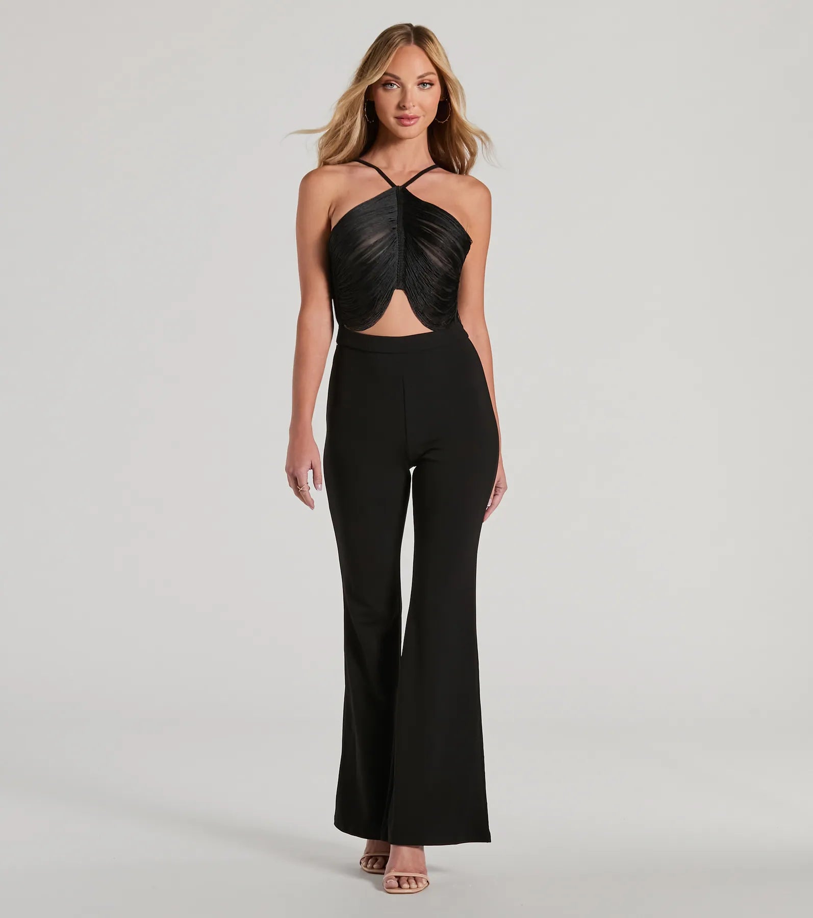 Step Up Draped Fringe Halter Cutout Jumpsuit