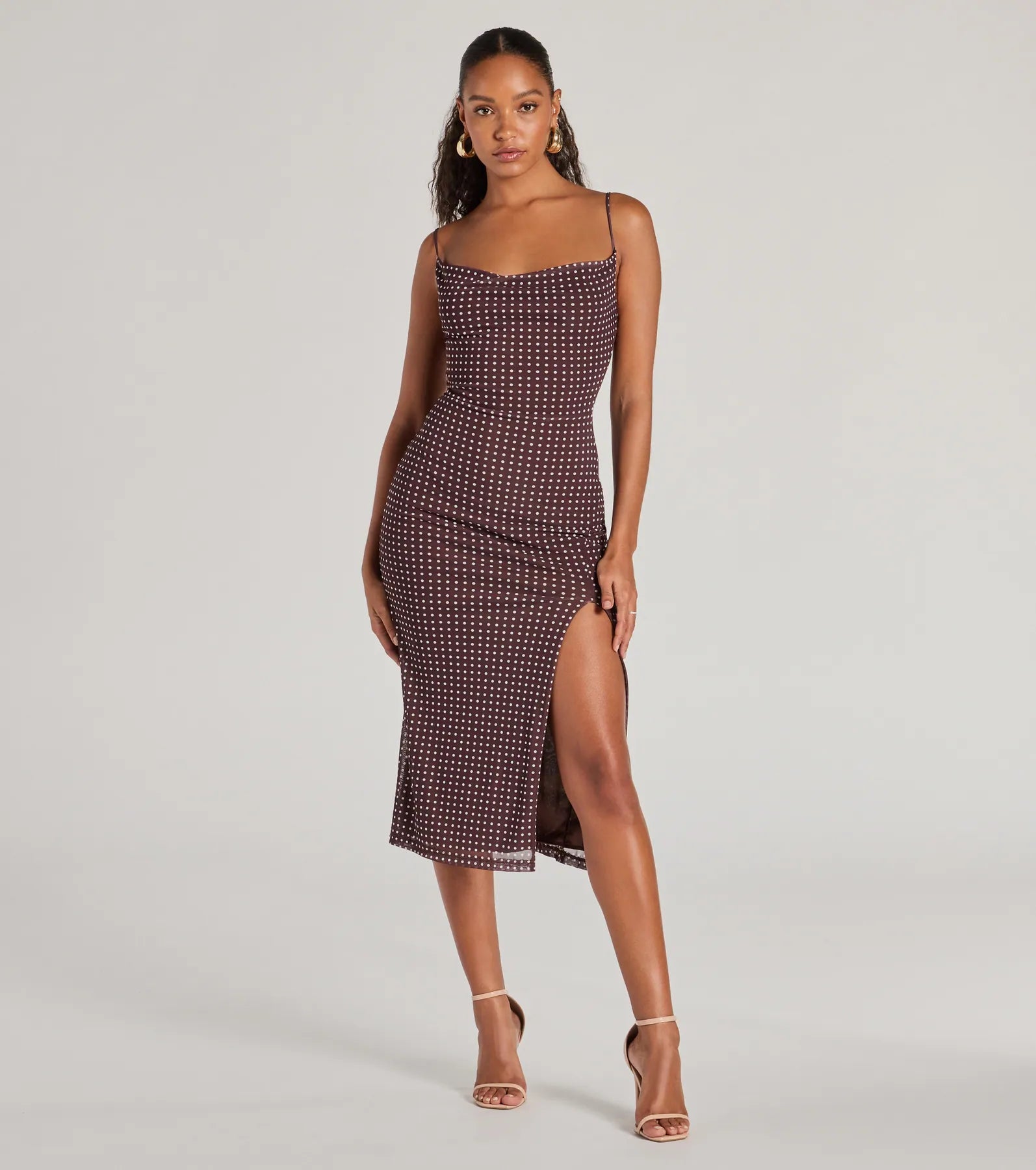 Class Act Cowl Neck Polka Dot Midi Dress