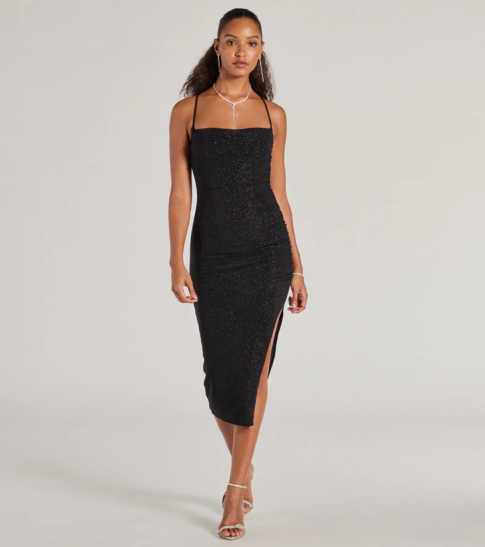 Classic Glam Glitter Knit High Slit Midi Dress