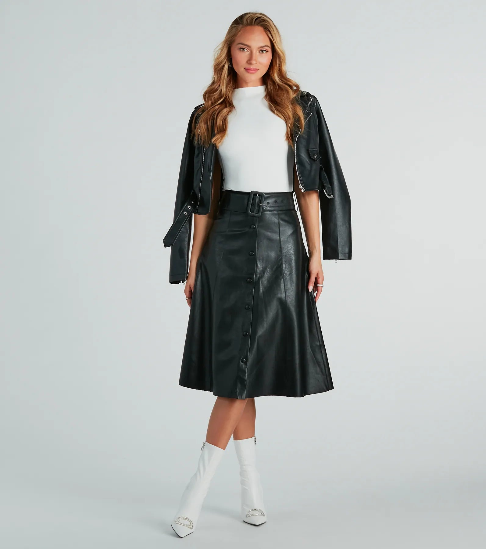 On The Go Girl Faux Leather A-Line Midi Skirt