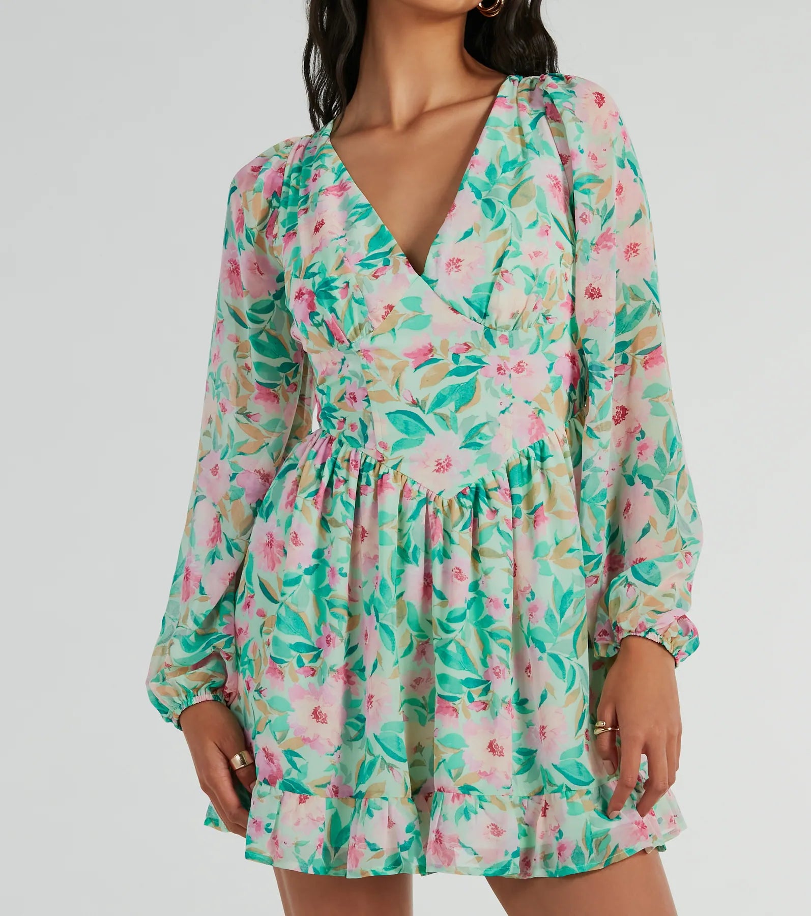 Radiant Vacay V-Neck Floral Chiffon Skater Dress