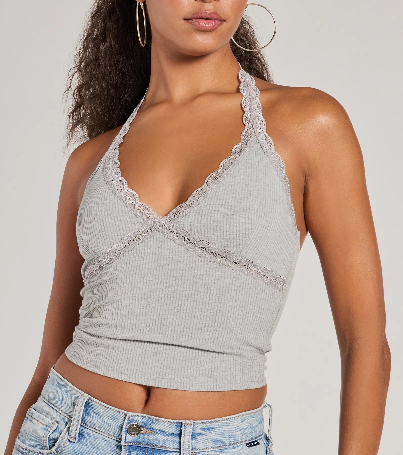 Adorably Trendy Lace Trim Knit Halter Top