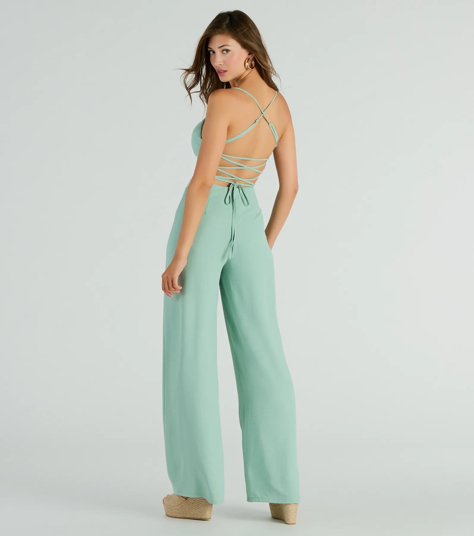 Effortless Allure Lace-Up Woven Wide-Leg Jumpsuit