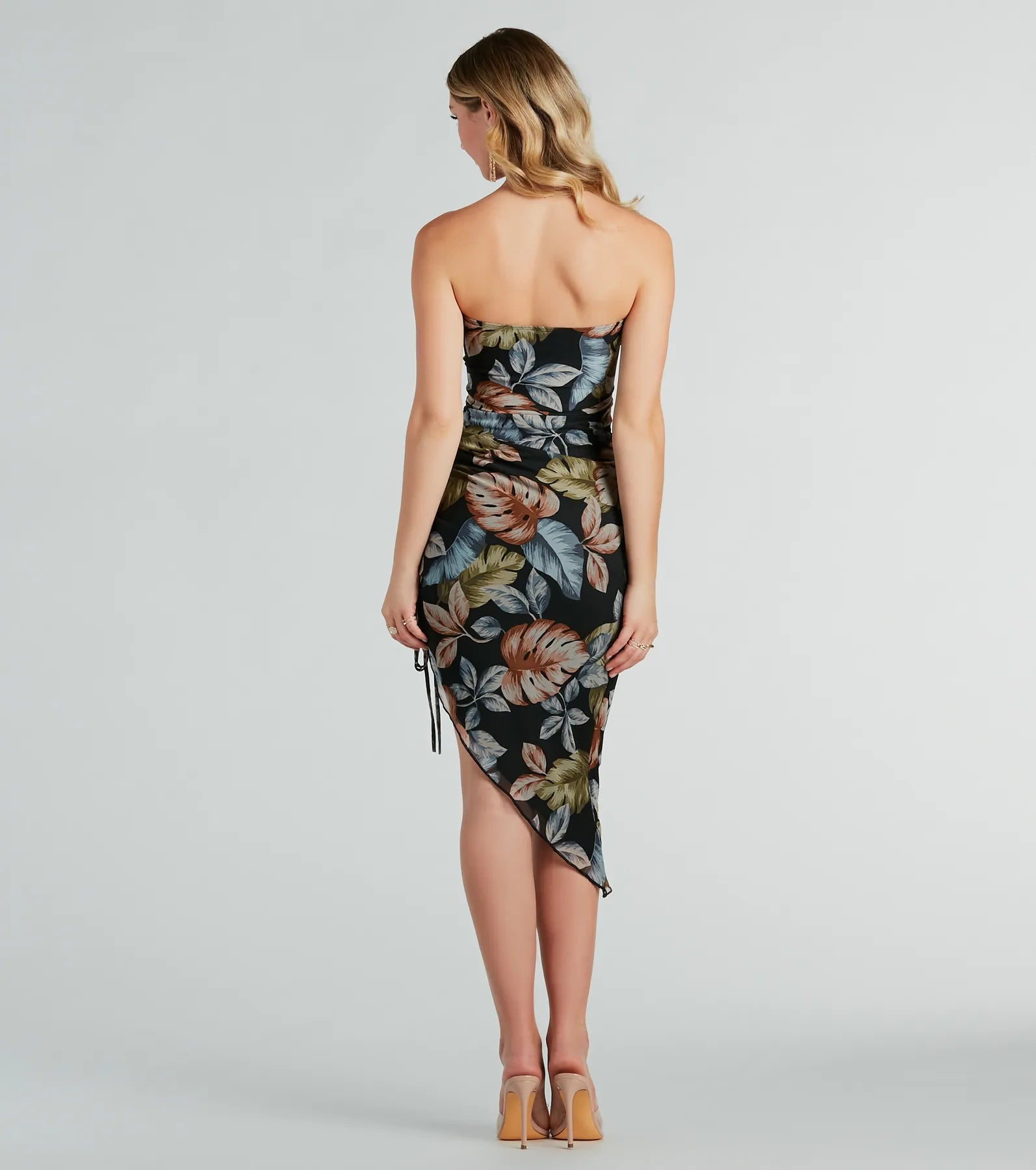 Jet Set For Sun Strapless Tropical Midi Dress