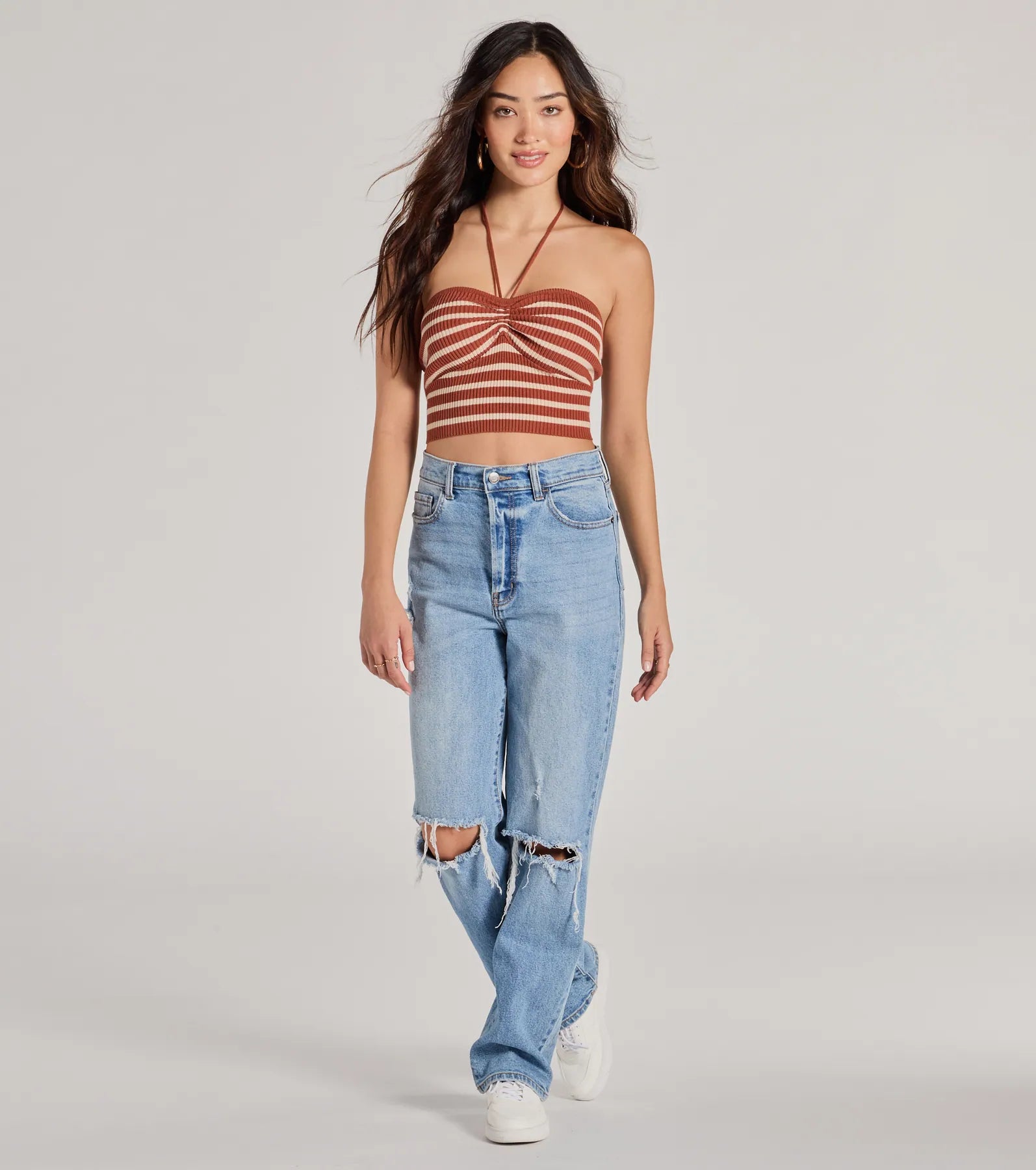 Trendy In Stripes Halter Rib Knit Crop Top