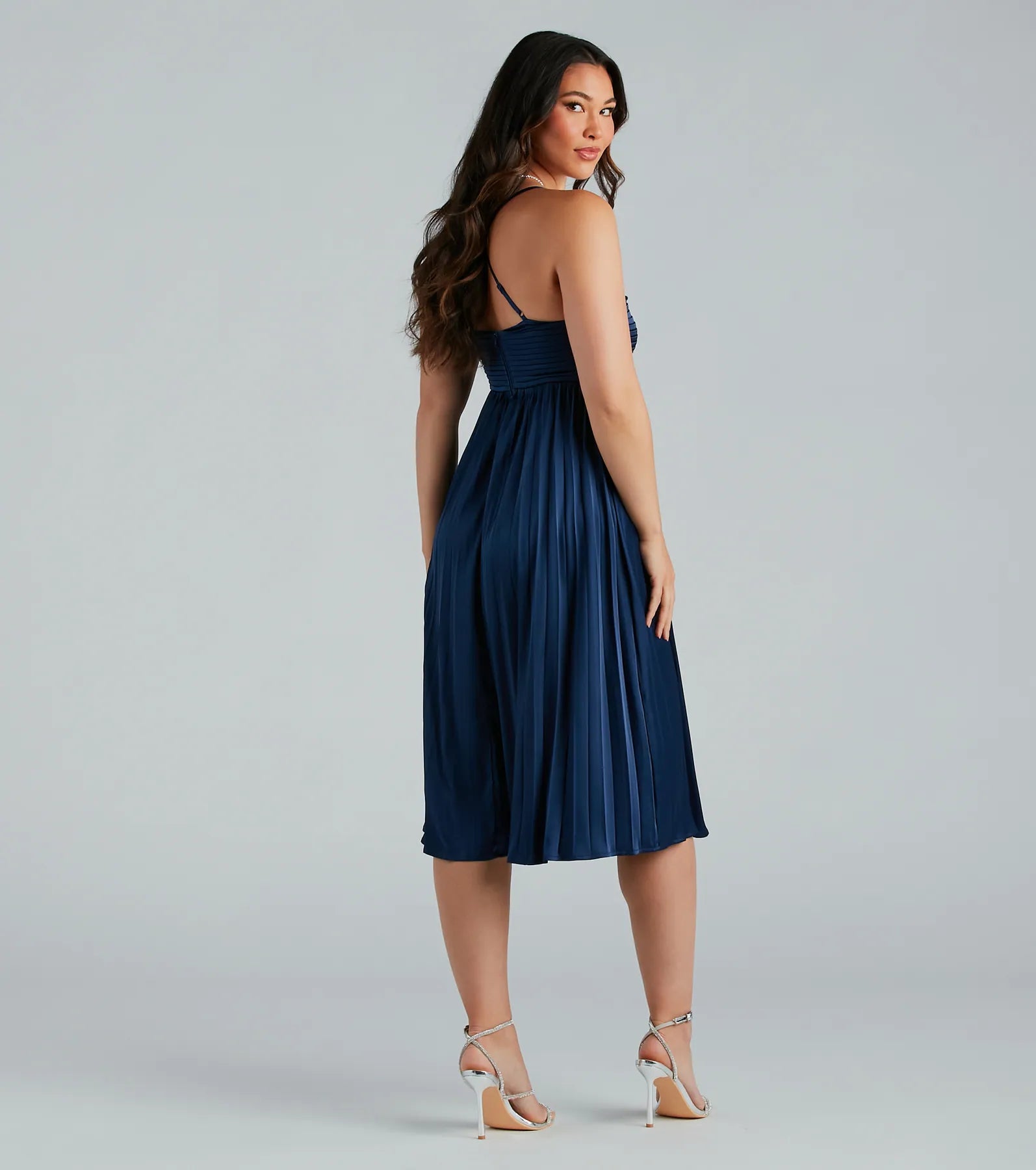 Hailee Formal Satin Pleated A-Line Midi Dress