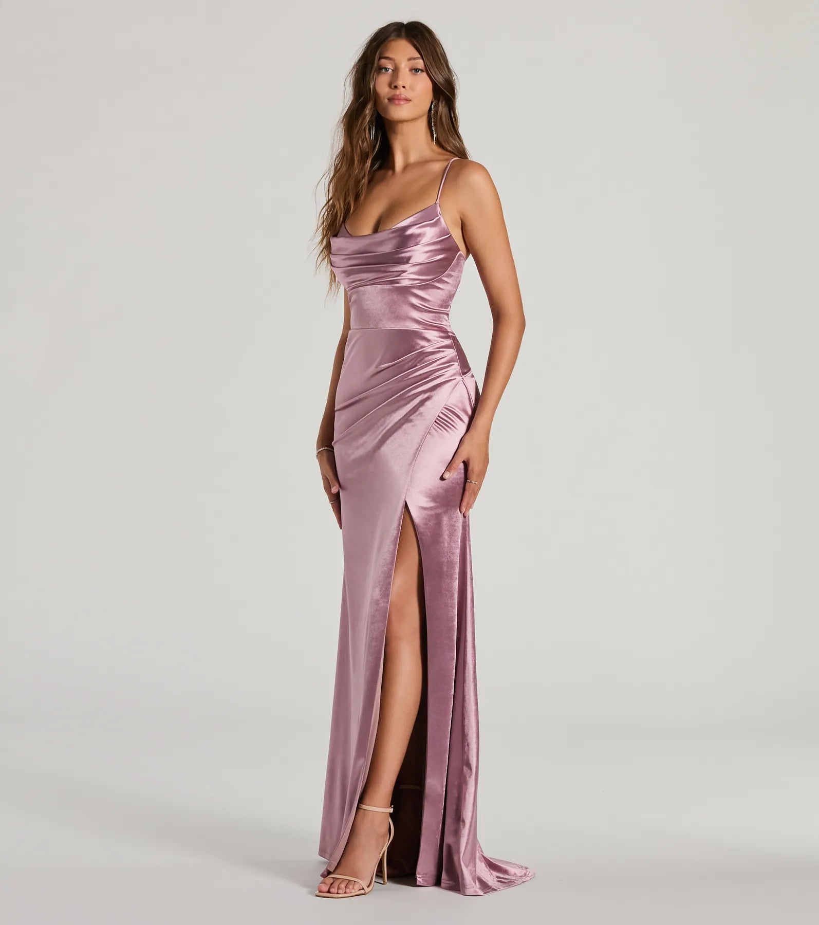 Dani Cowl Neck Lace-Up A-Line Satin Formal Dress