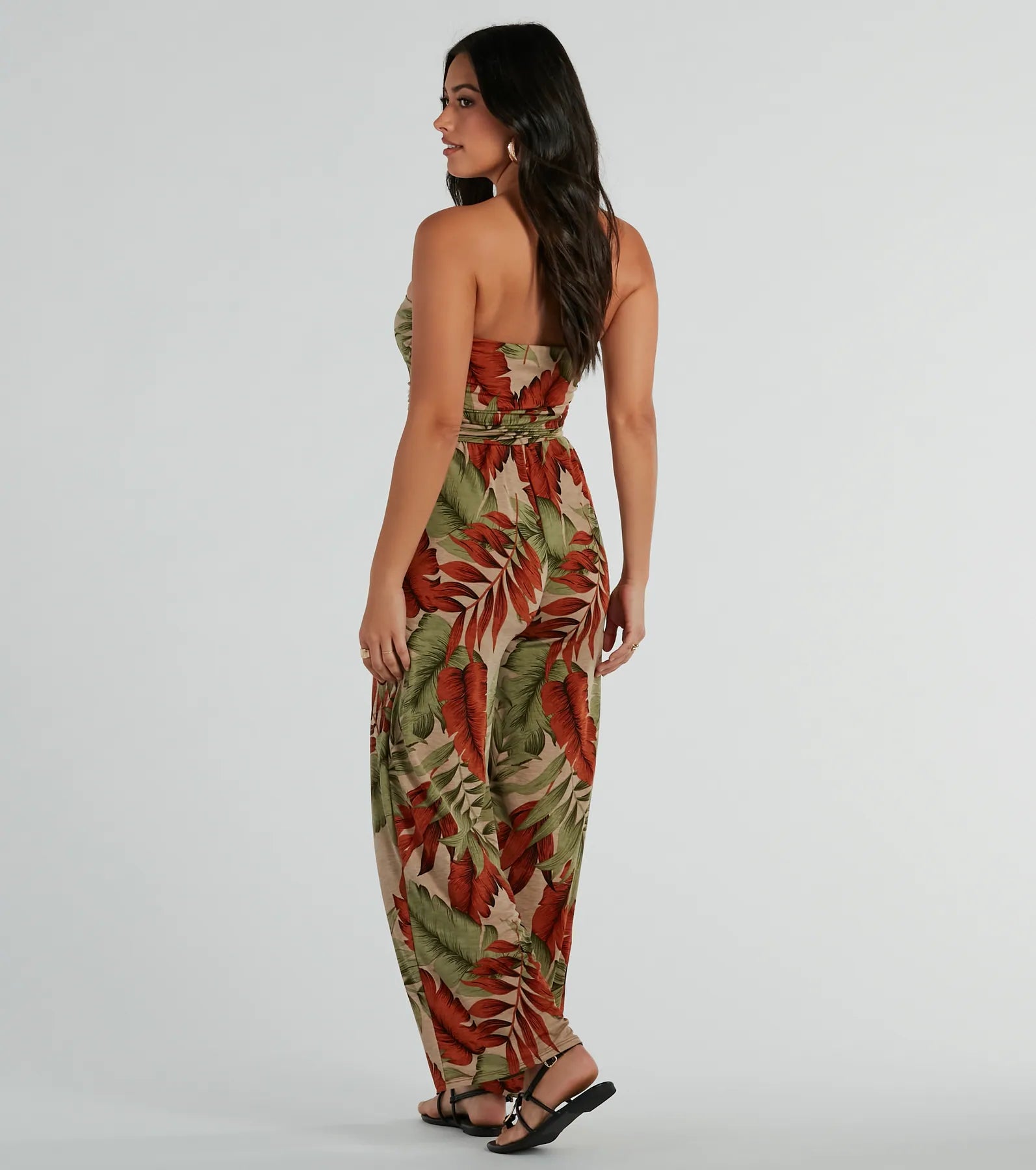 Vacay Mood Strapless Tropical Knit Jumpsuit