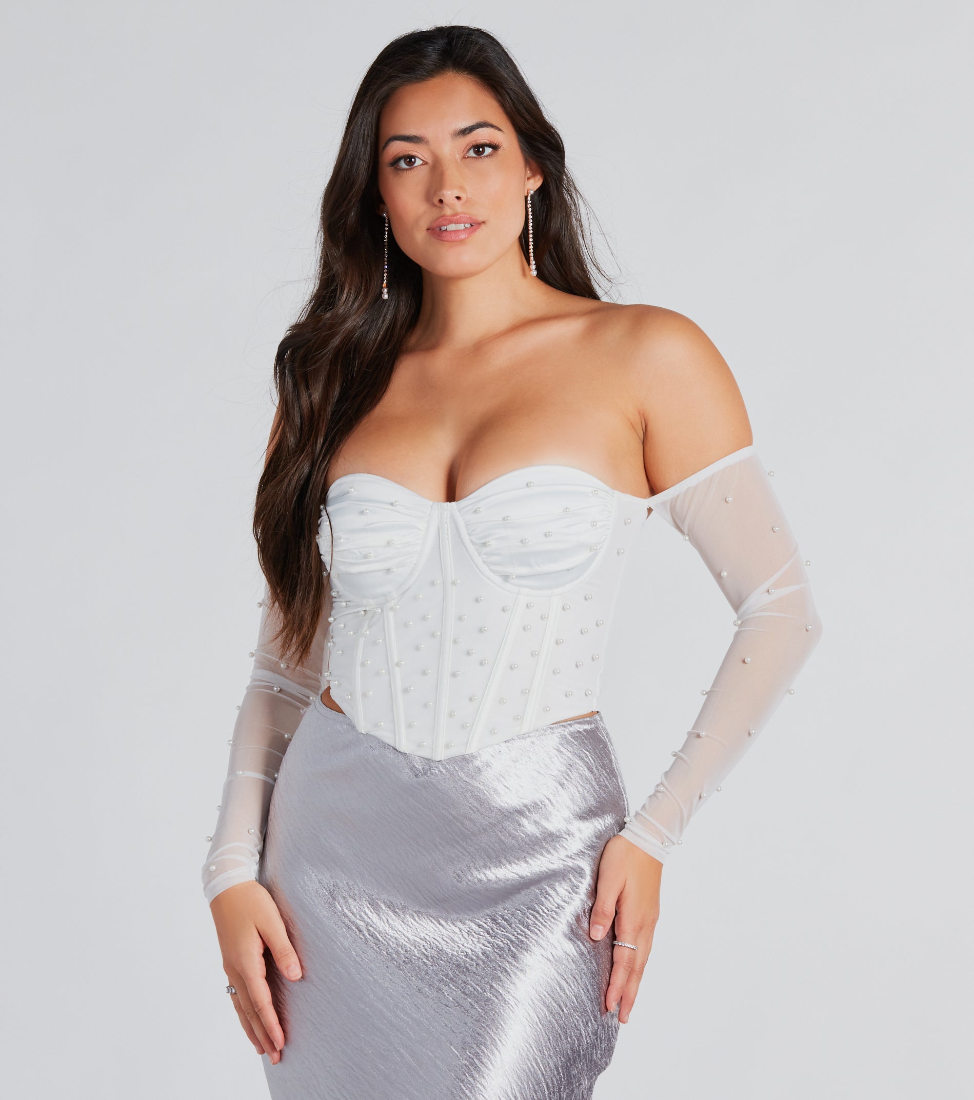 Glam Bombshell Faux Pearl Mesh Bustier