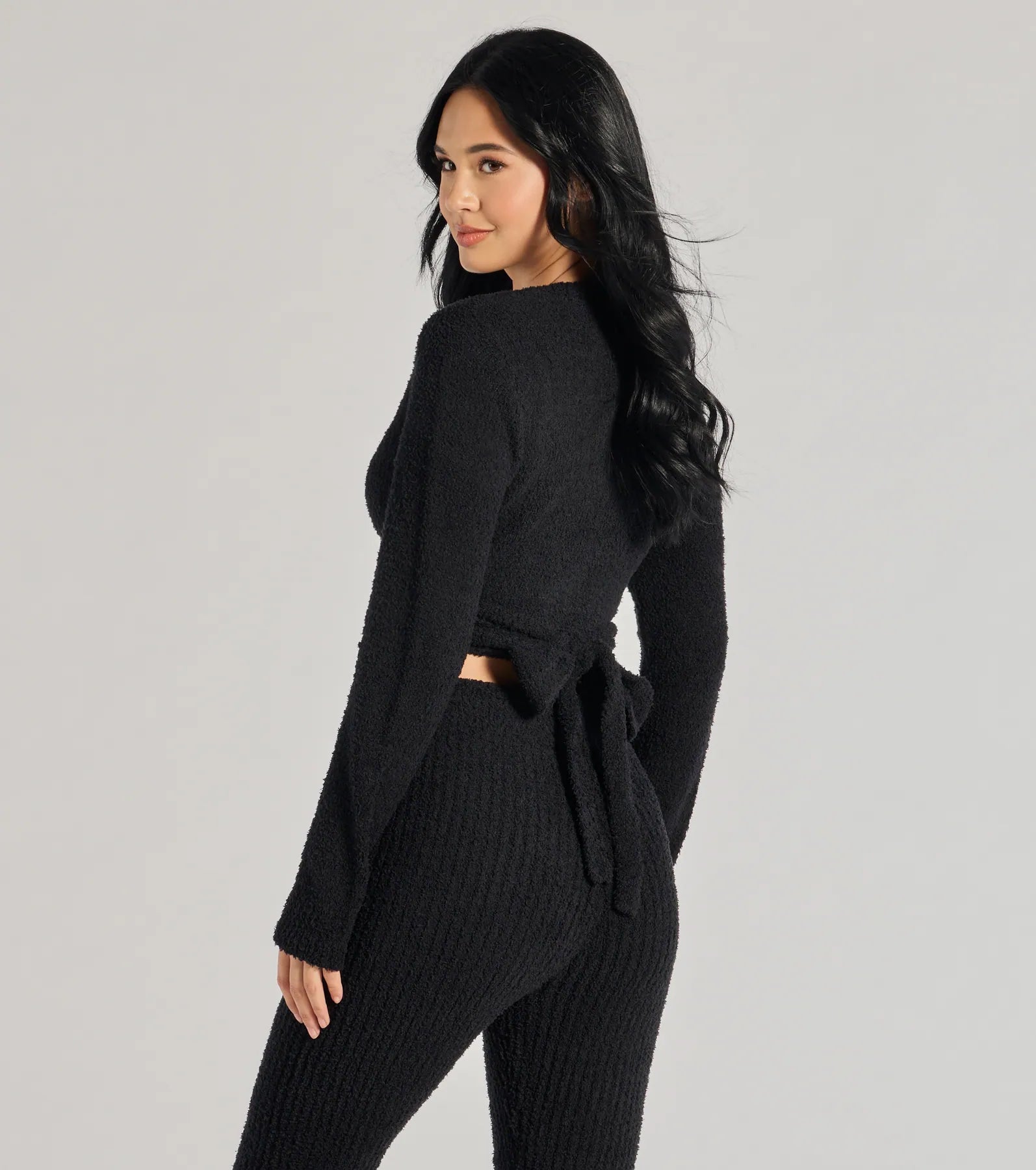 Cozy Life Chenille Knit Wrap-Front Crop Top