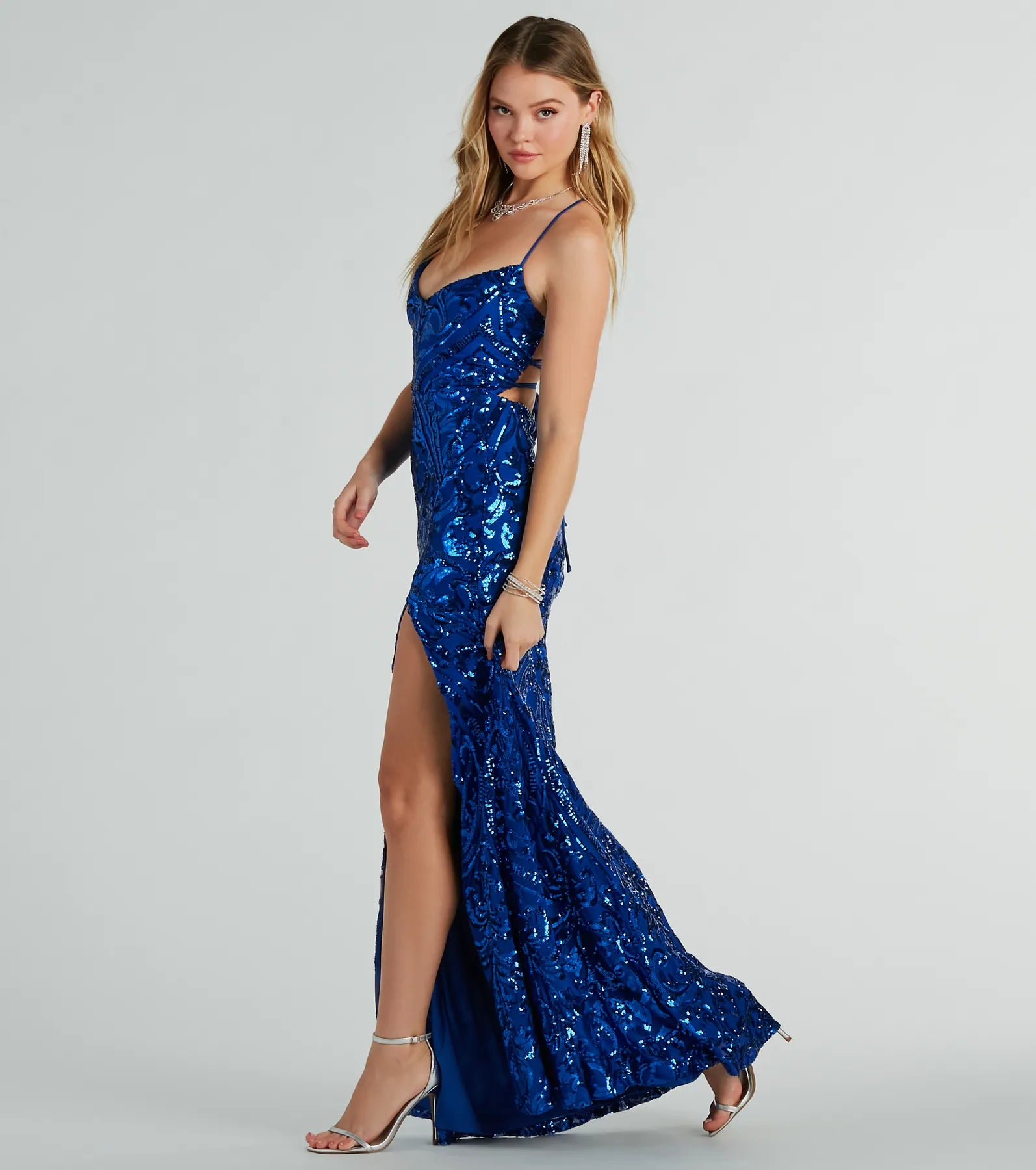 Maura Lace-Up Mermaid Sequin Mesh Formal Dress