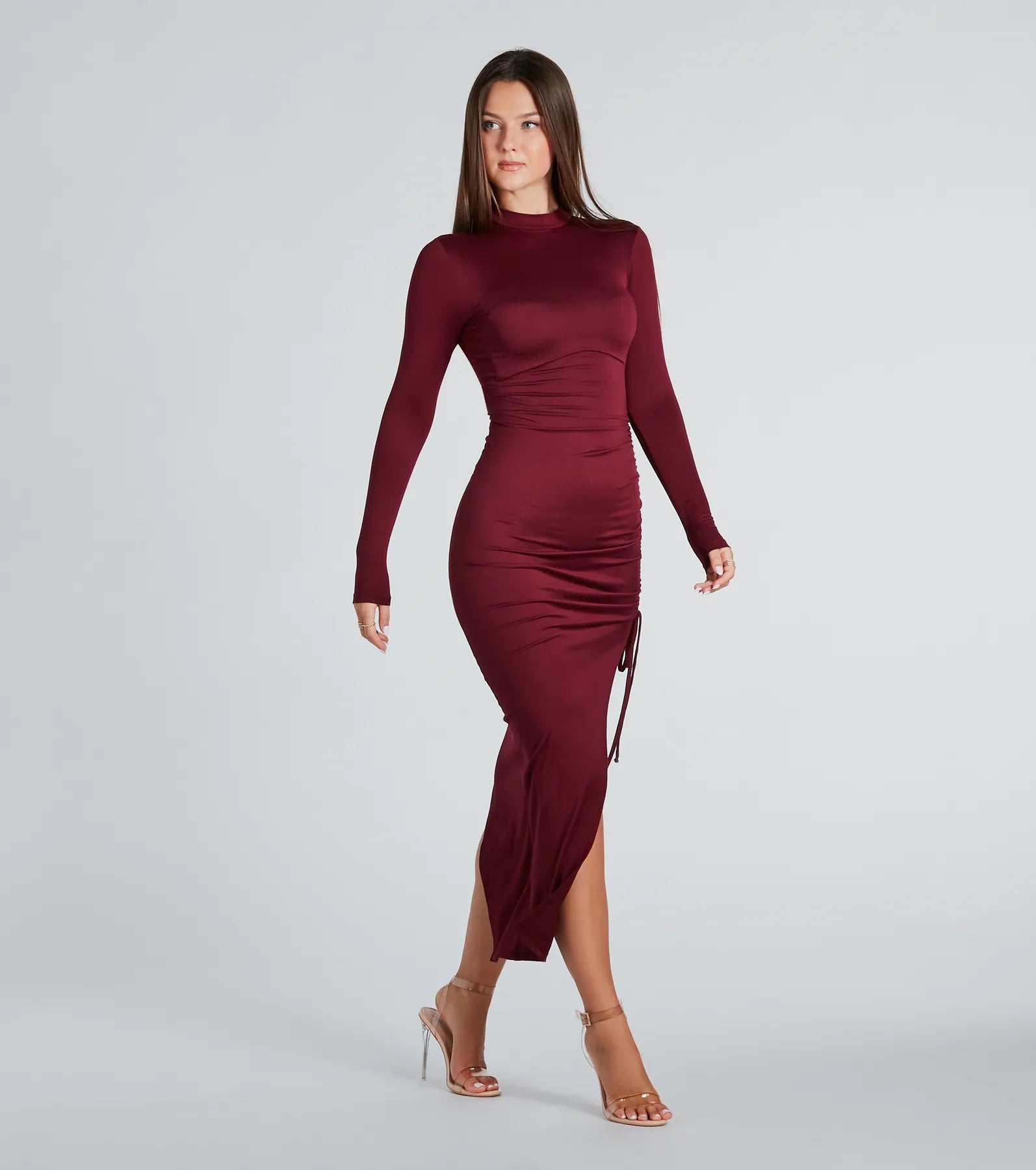 In The Lineup Mock Neck High Slit Midi Dress