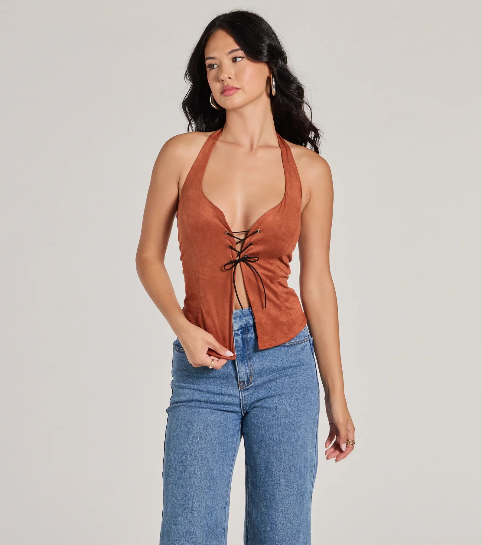 Country Girlie Halter Lace-Up Faux Suede Crop Top