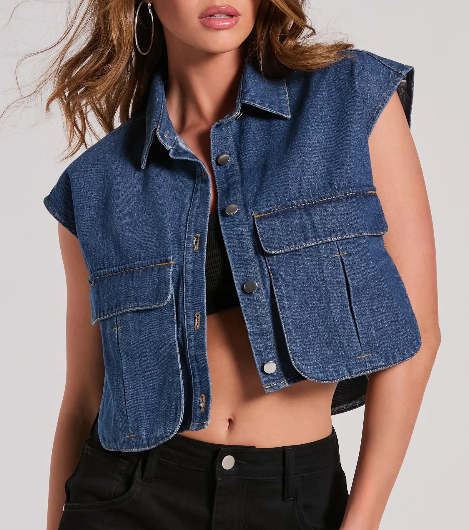 Edgy Mood Pocket Oversized Crop Denim Vest