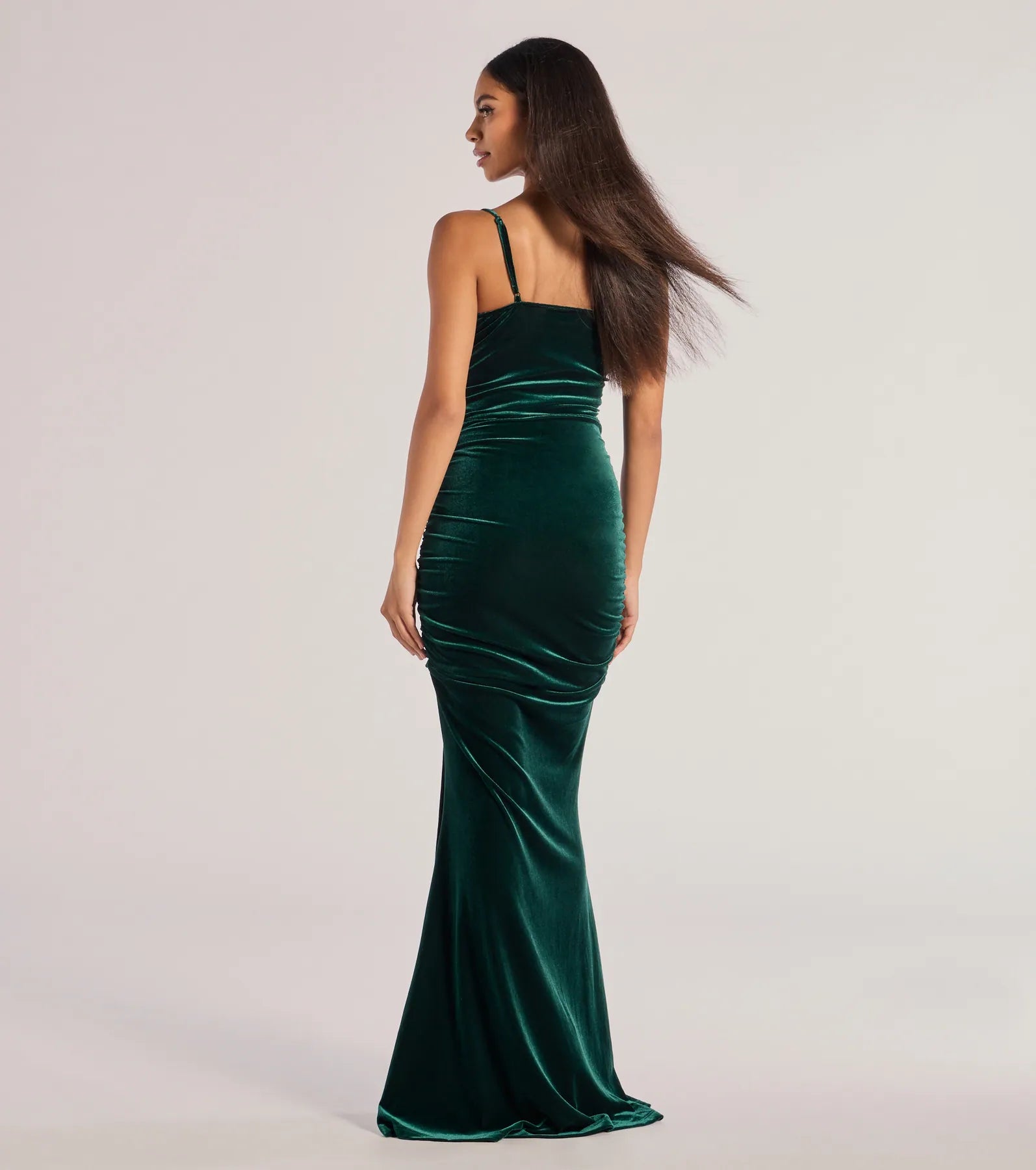 Alondra Ruched Velvet Front Slit Mermaid Dress