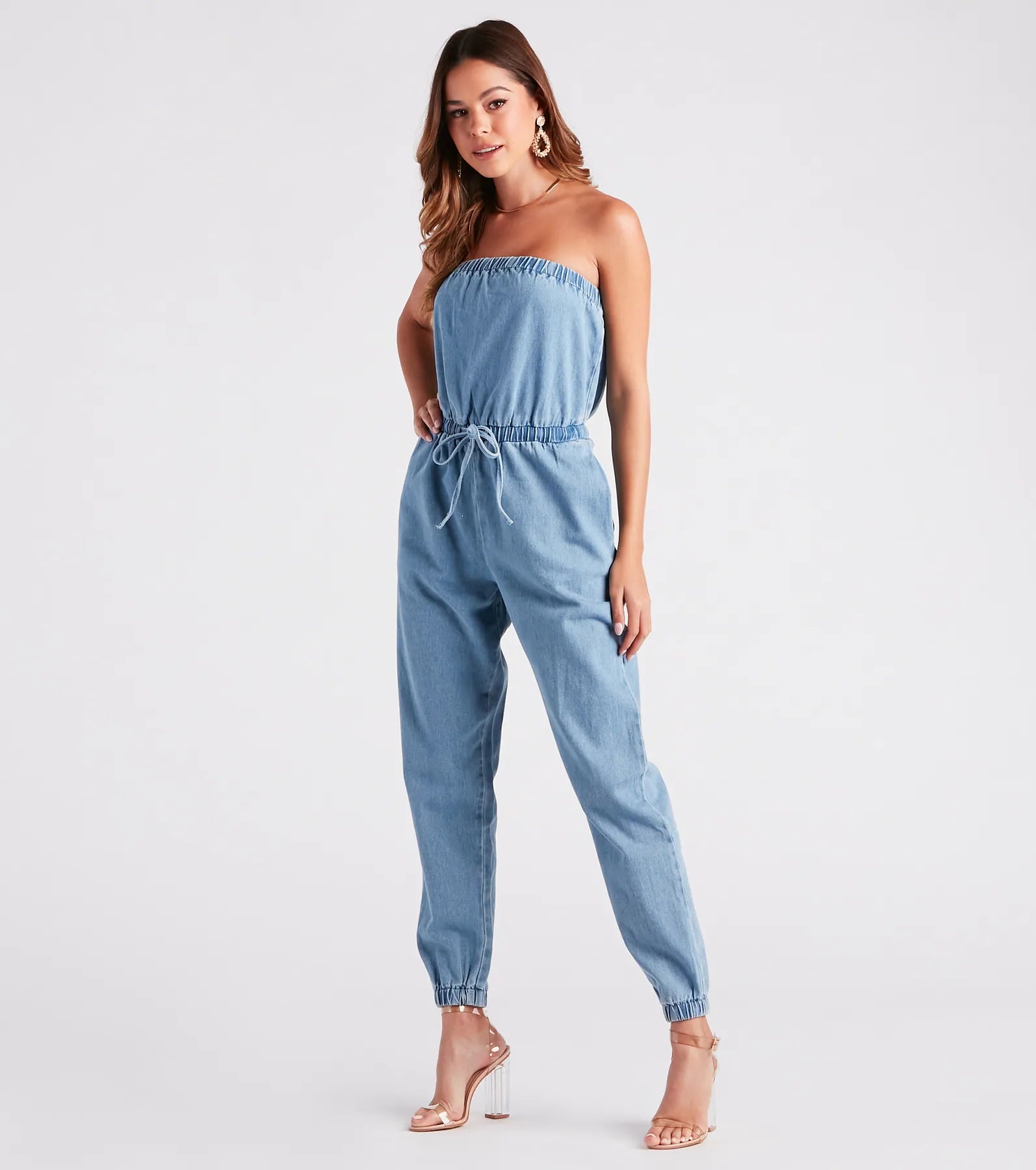 Fit Check Strapless Denim Jogger Jumpsuit