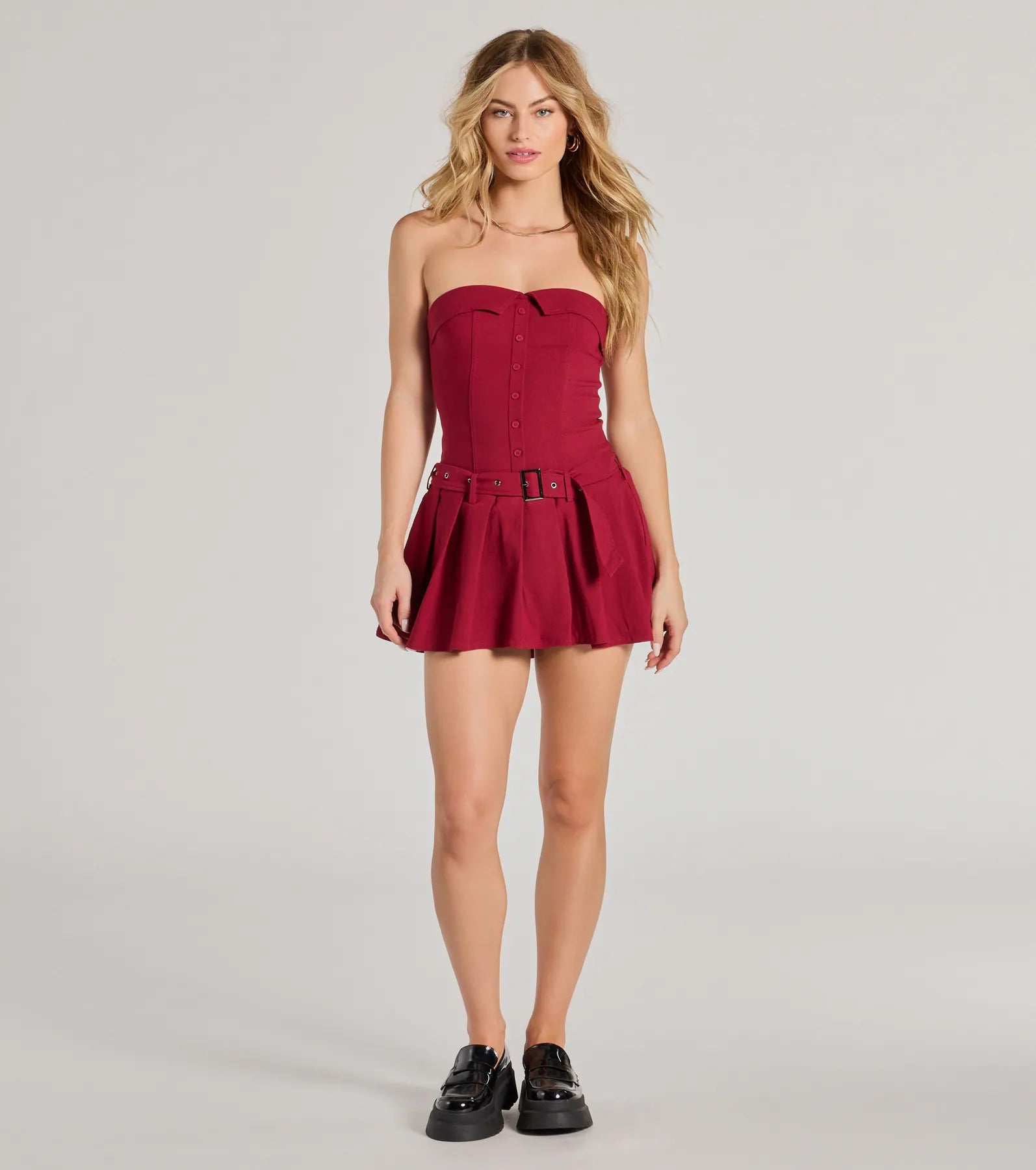 Social Babe Belted Drop Waist Skater Romper