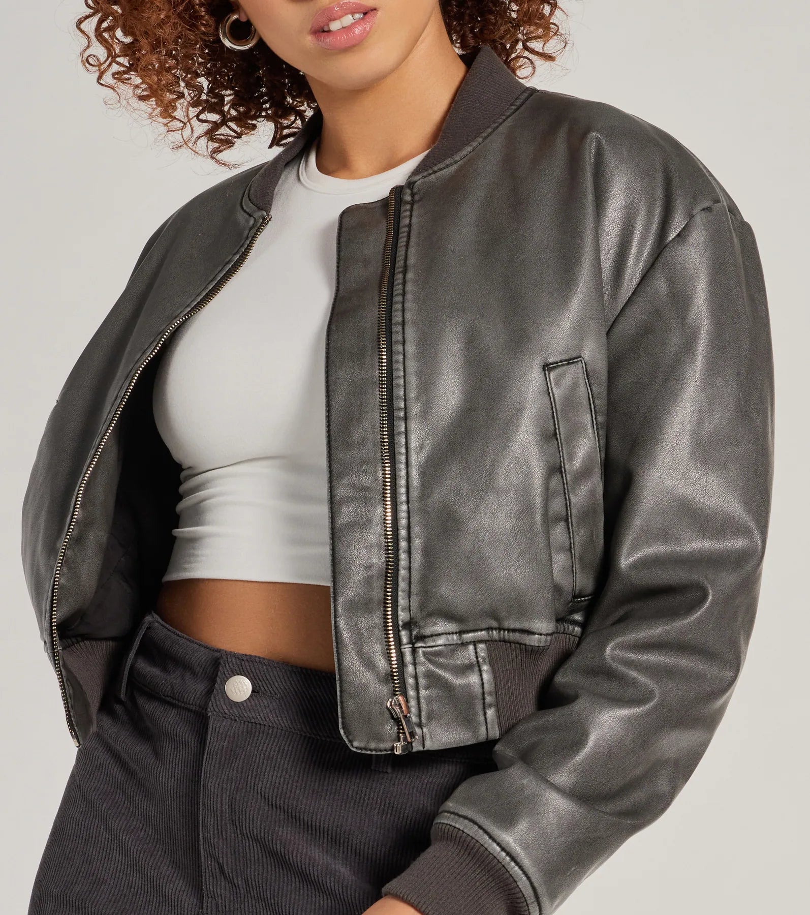 Casual Slay Cropped Oversized Faux Leather Bomber Jacket