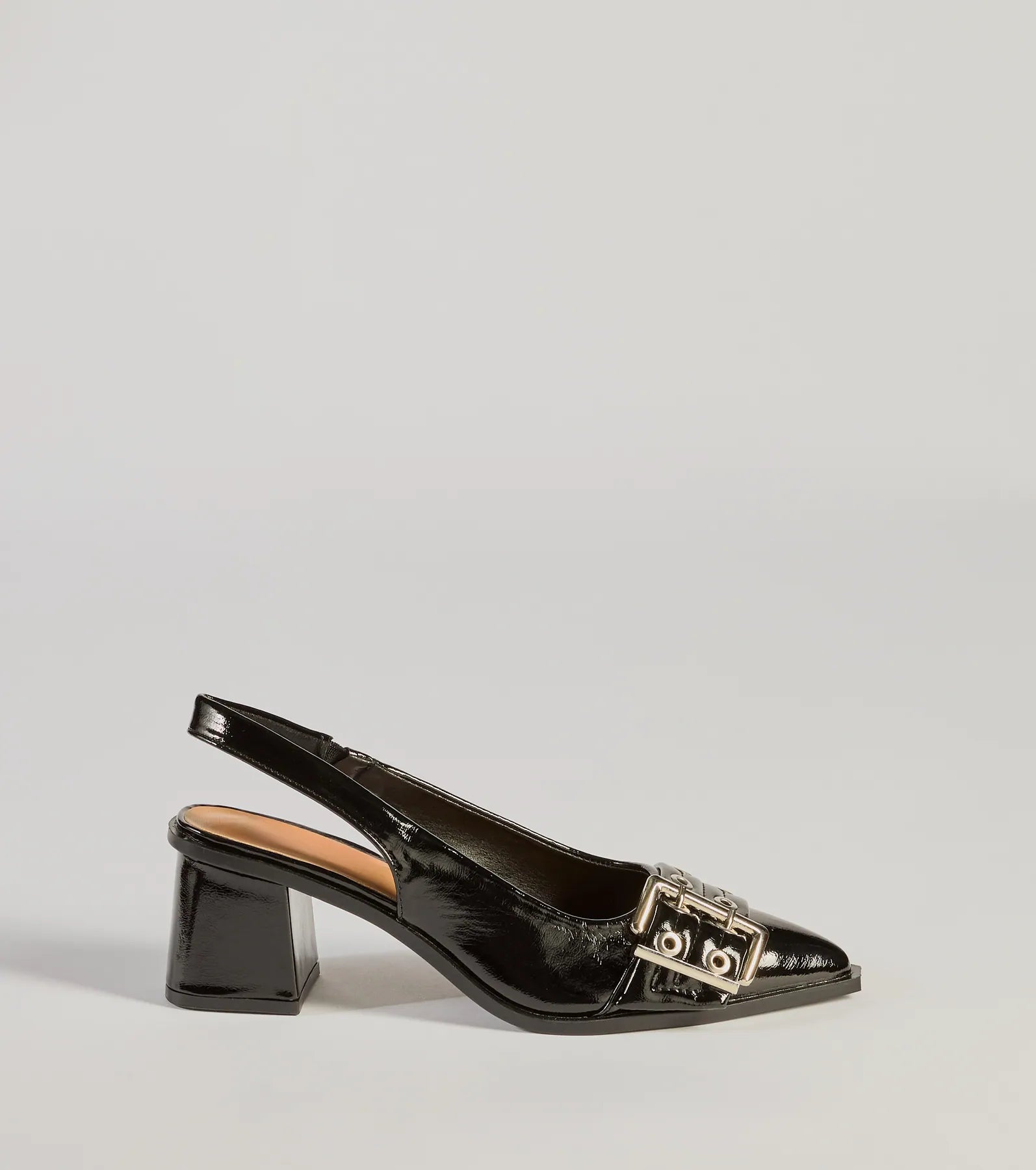 Edgy Glam Faux Patent Leather Slingback Buckle Pumps