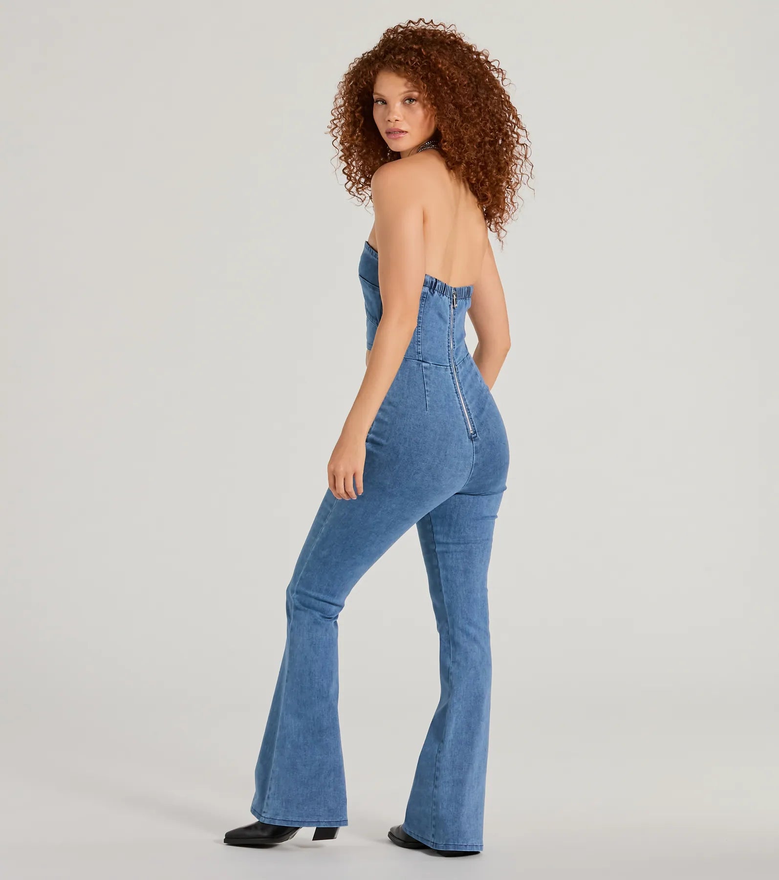 Double The Style Buckle Cutout Flare Denim Jumpsuit