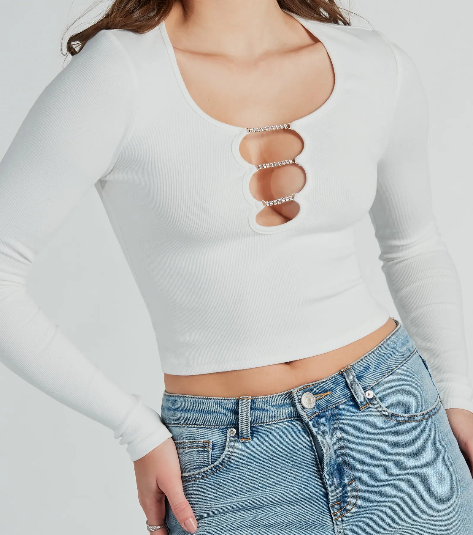 Glam Deets Rhinestone Trim Cutout Crop Top