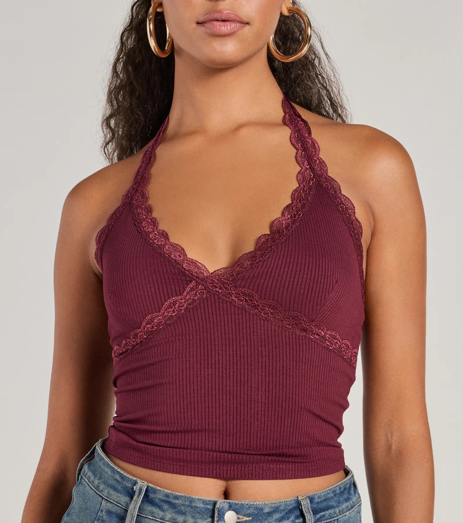 Adorably Trendy Lace Trim Knit Halter Top