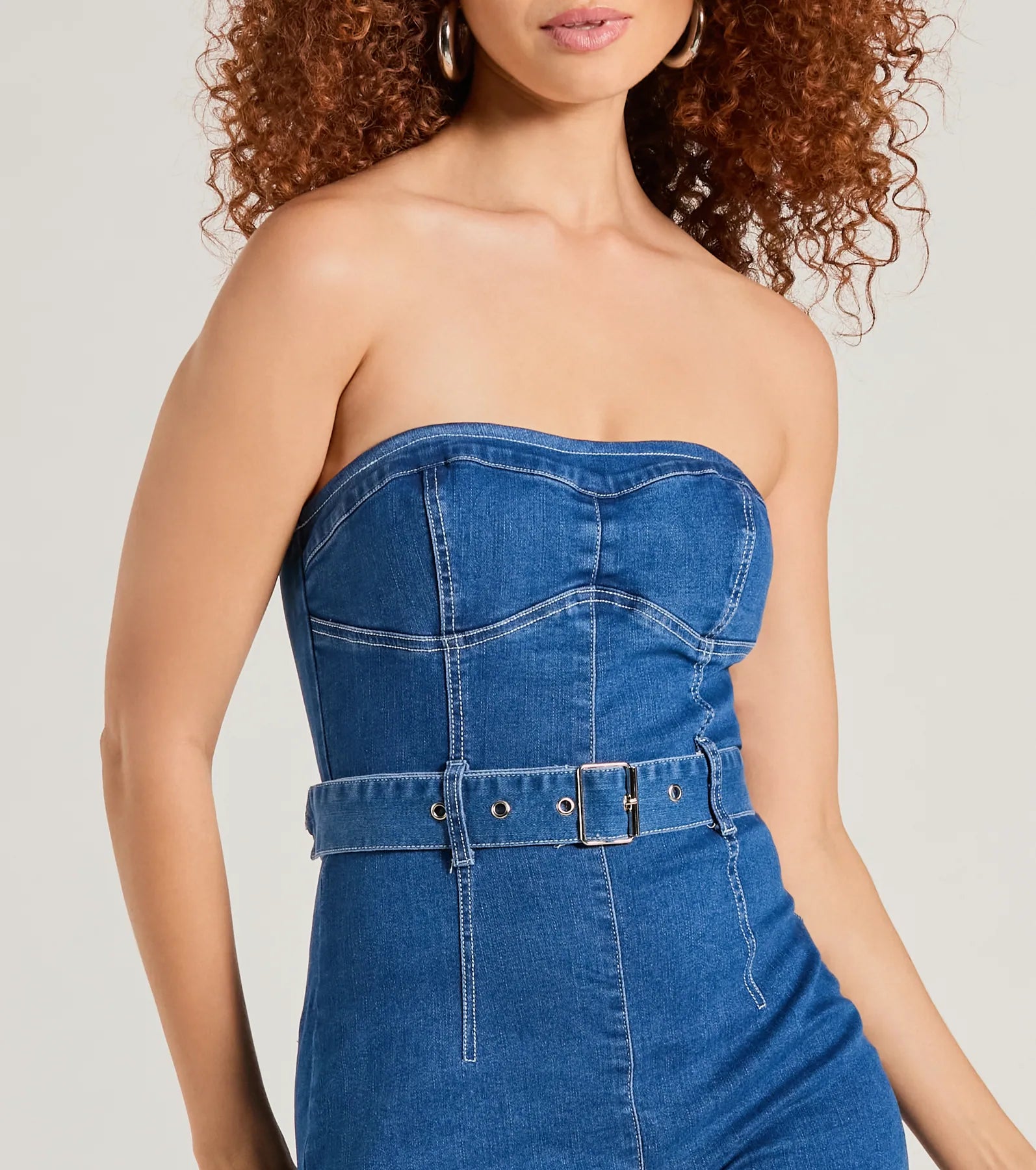 Cutie Alert Strapless Belted Denim Romper