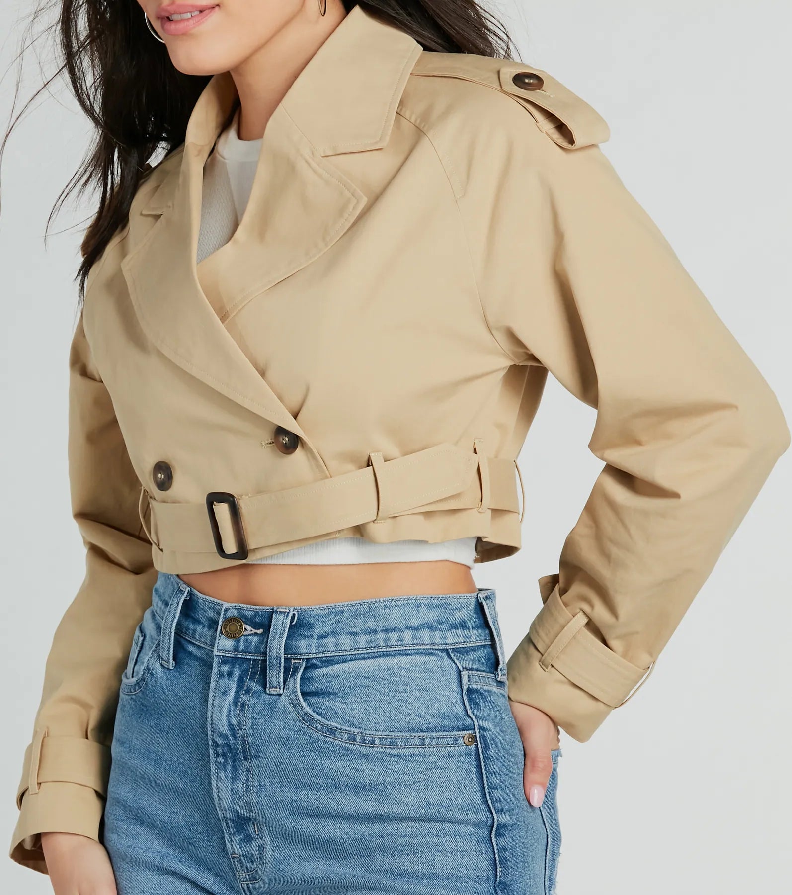 Eye For Style Twill Belted Crop Trench Coat