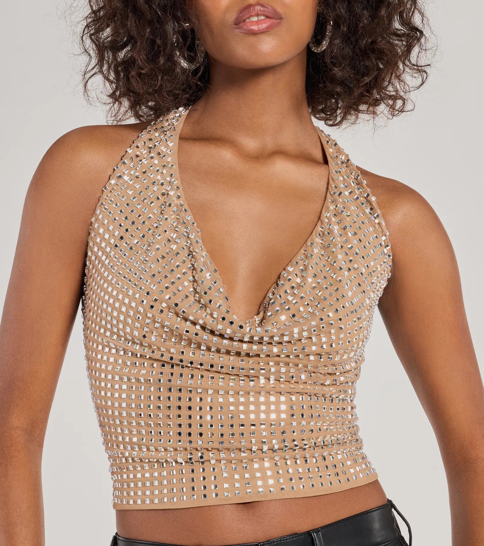 Glitzy Chic Cropped Rhinestone Halter Top