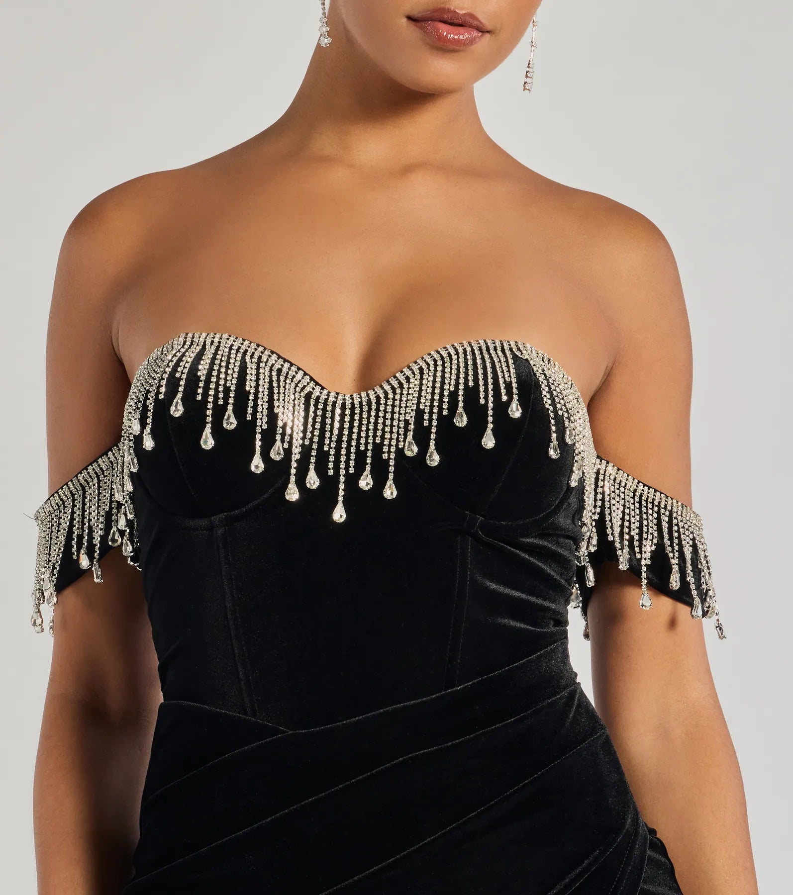 Janie Strapless Rhinestone Fringe Velvet Mini Dress