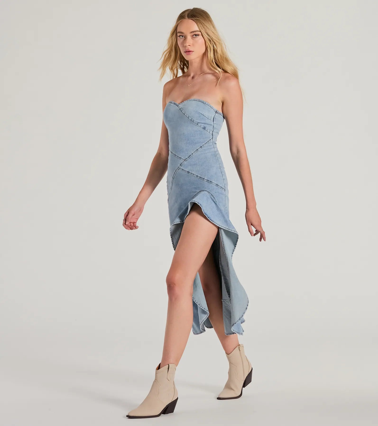 Admiring Style Strapless Ruffle High Low Denim Dress