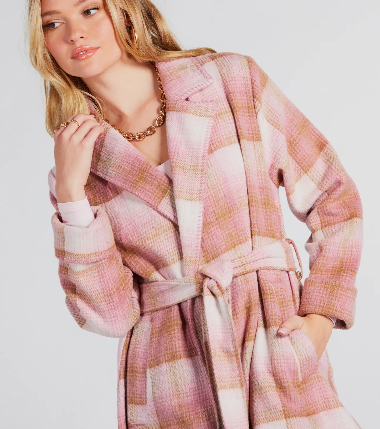 Perfect Plaid Fringe Faux Wool Trench Coat