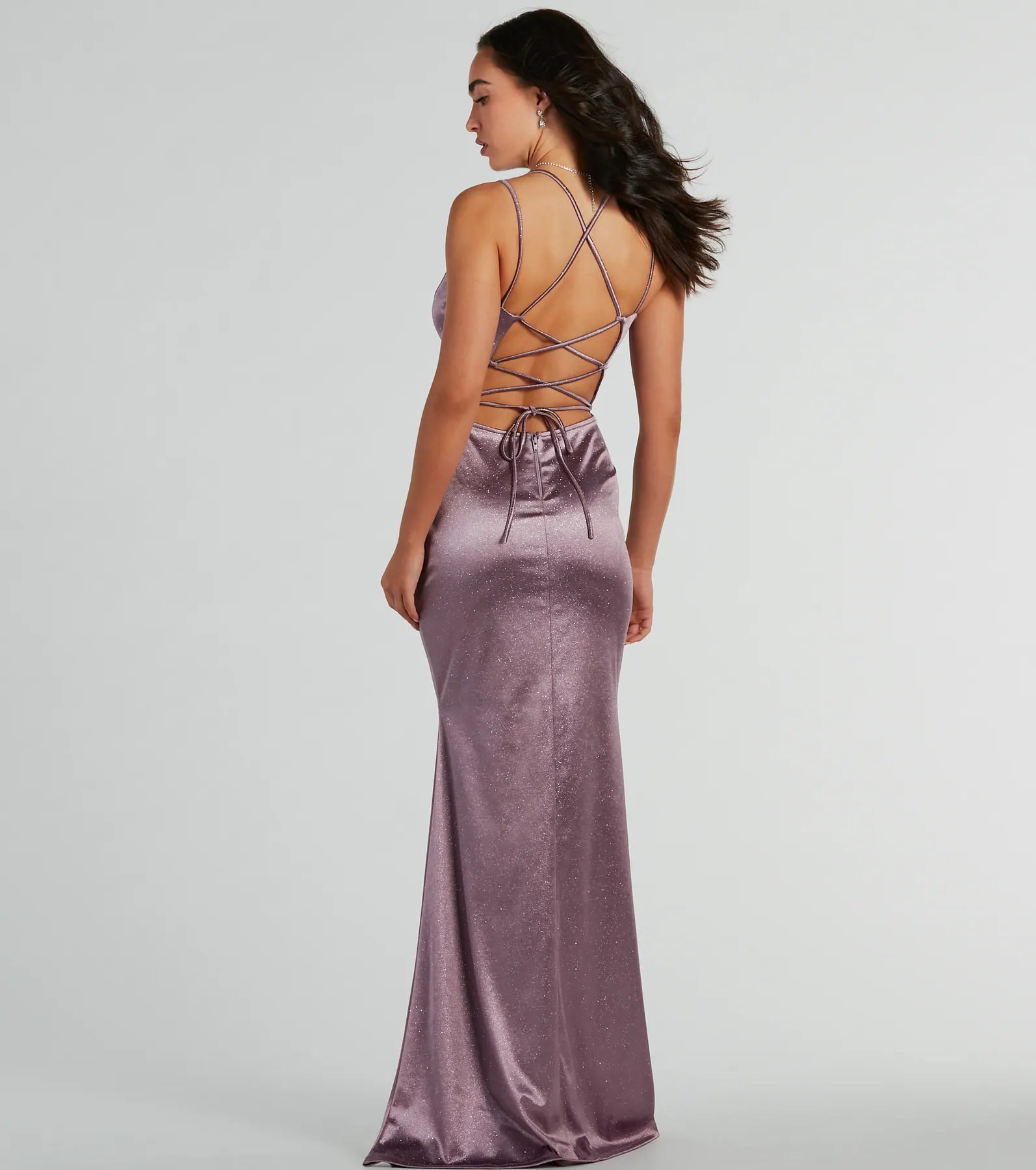 Melanie Sleeveless Lace-Up Glitter Satin Formal Dress