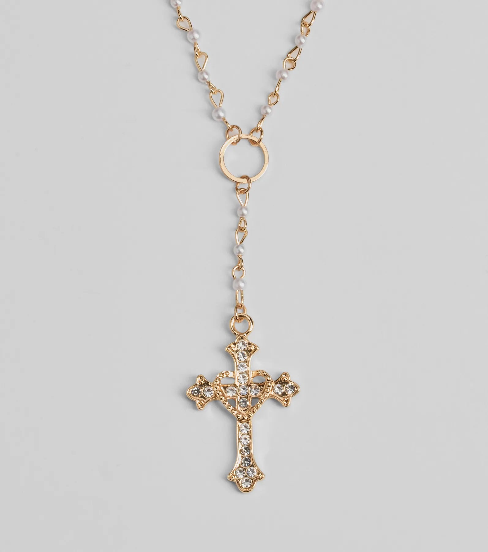 Pretty Sparkle Rhinestone Cross Pearl Lariat Necklace