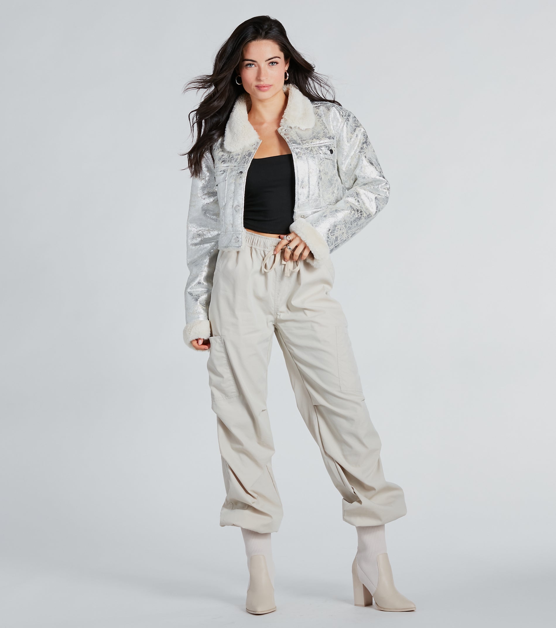 Pop Diva Status Metallic Faux Fur Crop Jacket